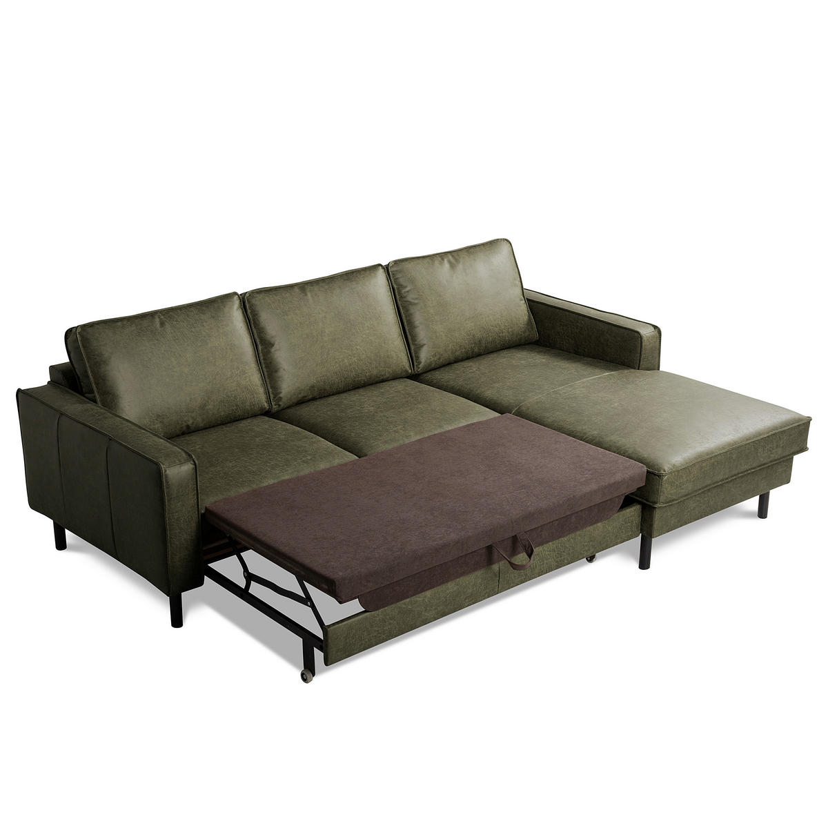 ECKSOFA Grün Echtleder Lederlook Bettkasten, Schlaffunktion, Rücken echt  - Schwarz/Grün, Design, Leder/Textil (166/238cm) - Livetastic
