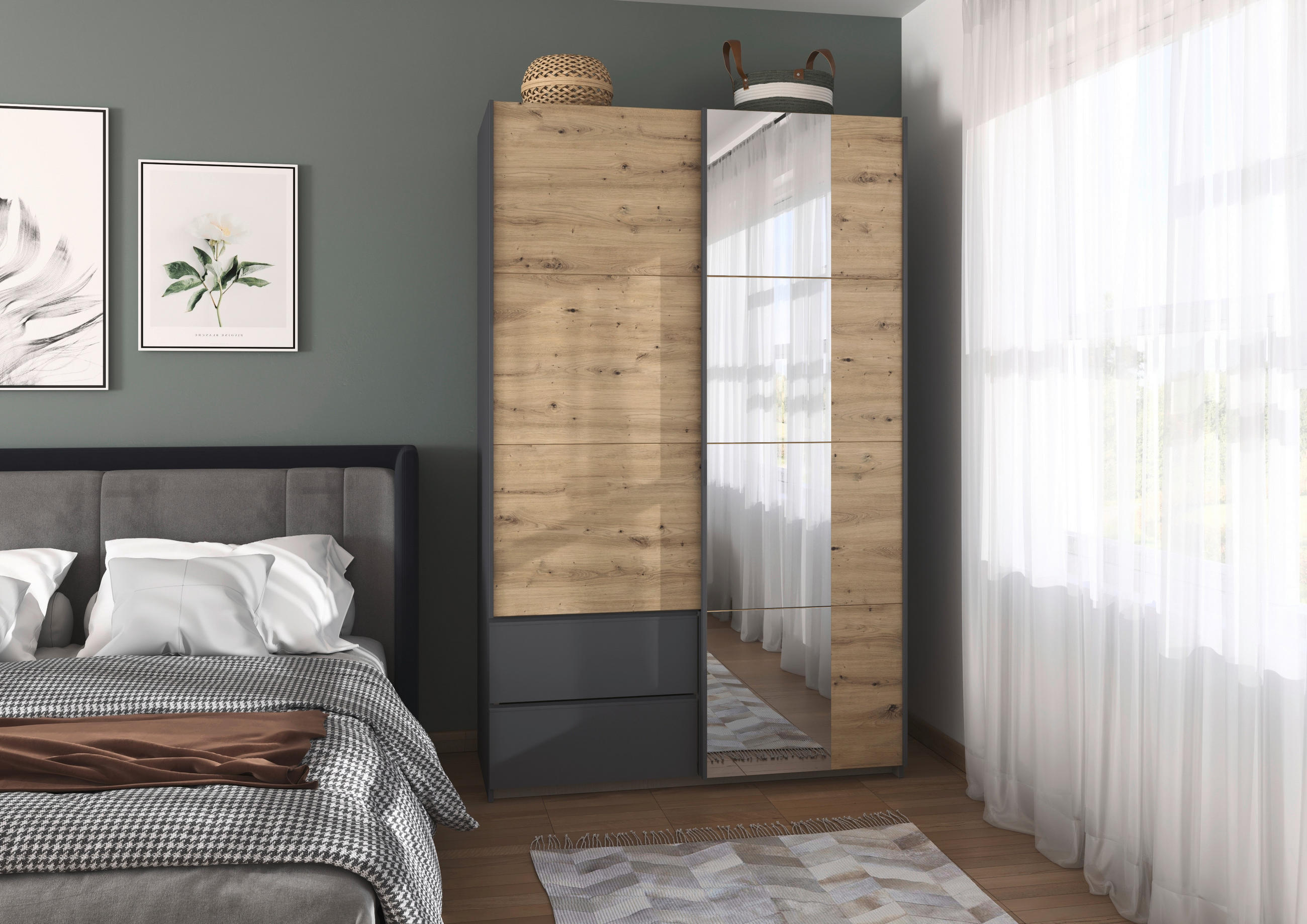 SCHWEBETÜRENSCHRANK in Grau, Eiche Artisan  - Eiche Artisan/Grau, Modern, Holzwerkstoff (131/210/59cm) - Rauch Möbel