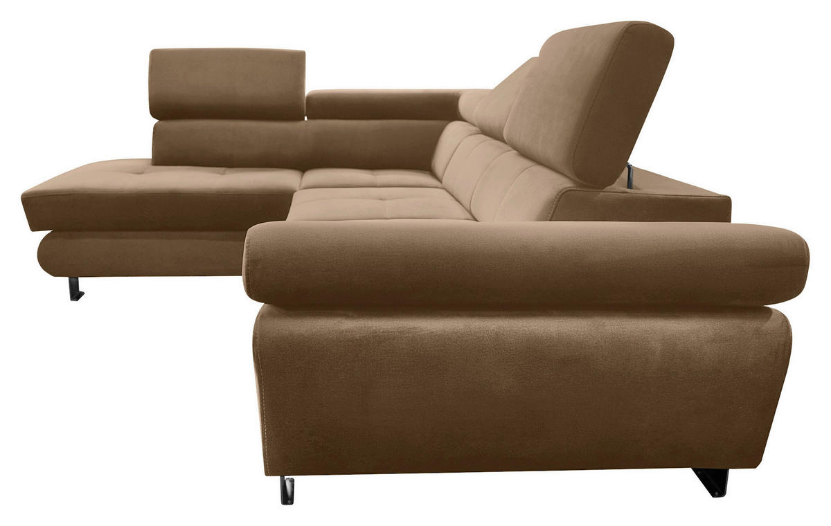 ECKSOFA Braun Webstoff Bettkasten, Schlaffunktion, Rücken echt, Armteilverstellung, Kopfteilverstellung  - Chromfarben/Braun, MODERN, Textil/Metall (205/278cm) - Stylife