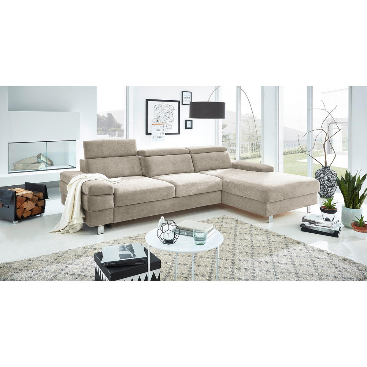 ECKSOFA in Webstoff Greige  - Greige/Silberfarben, Konventionell, Textil/Metall (182/82/260cm) - Trendmanufaktur