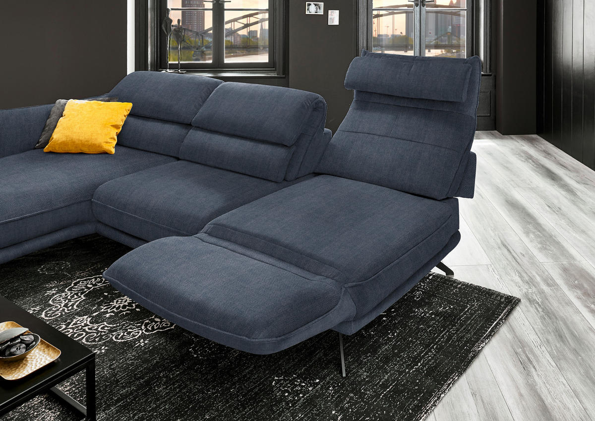 ECKSOFA in Velours Blau  - Blau/Schwarz, Design, Textil/Metall (153/283cm) - Valdera