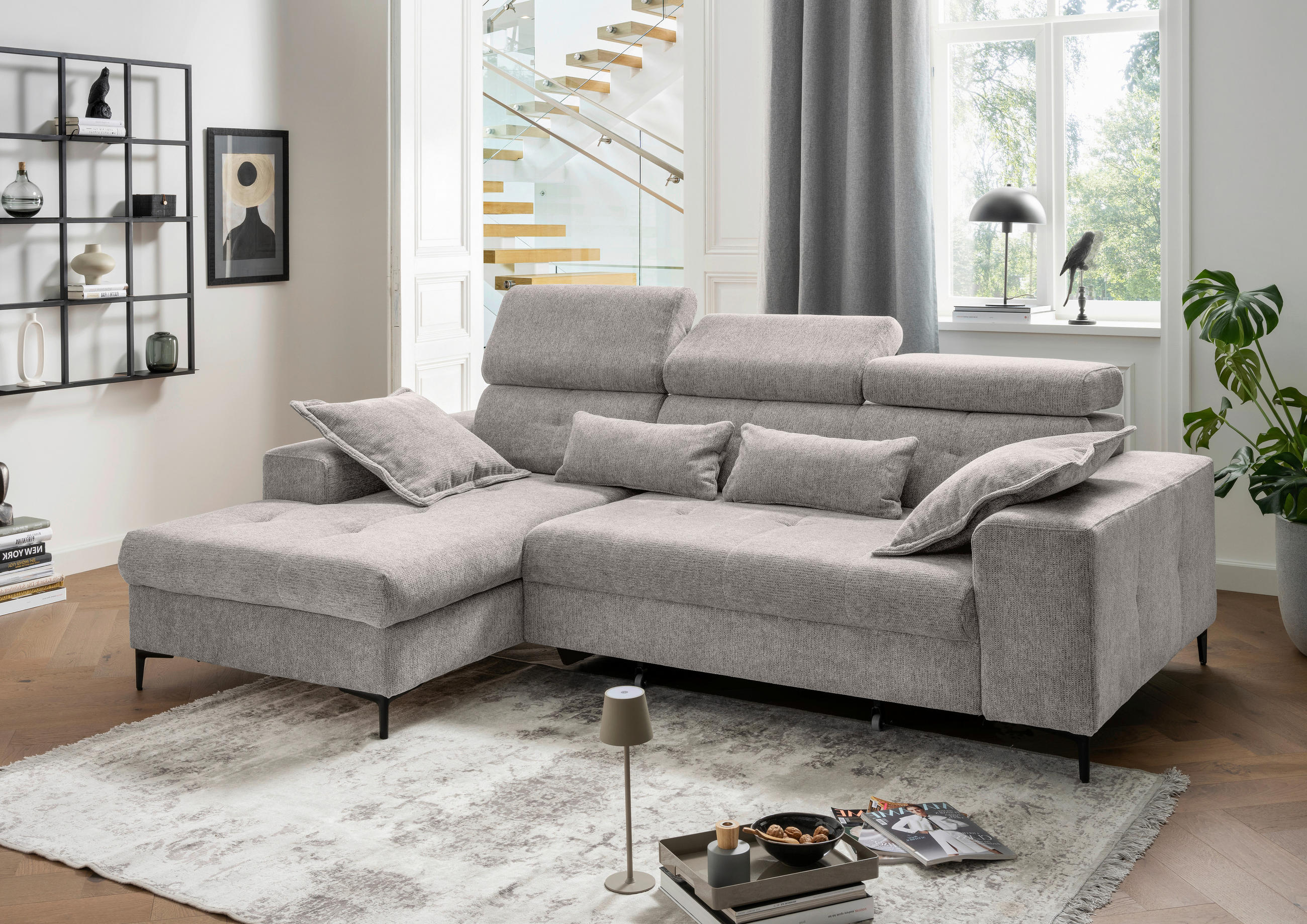 ECKSOFA NEAPEL Grau Chenille Schlaffunktion, Kopfteilverstellung, Sitzvorzug  - Schwarz/Grau, Basics, Textil/Metall (186/270cm) - Livetastic