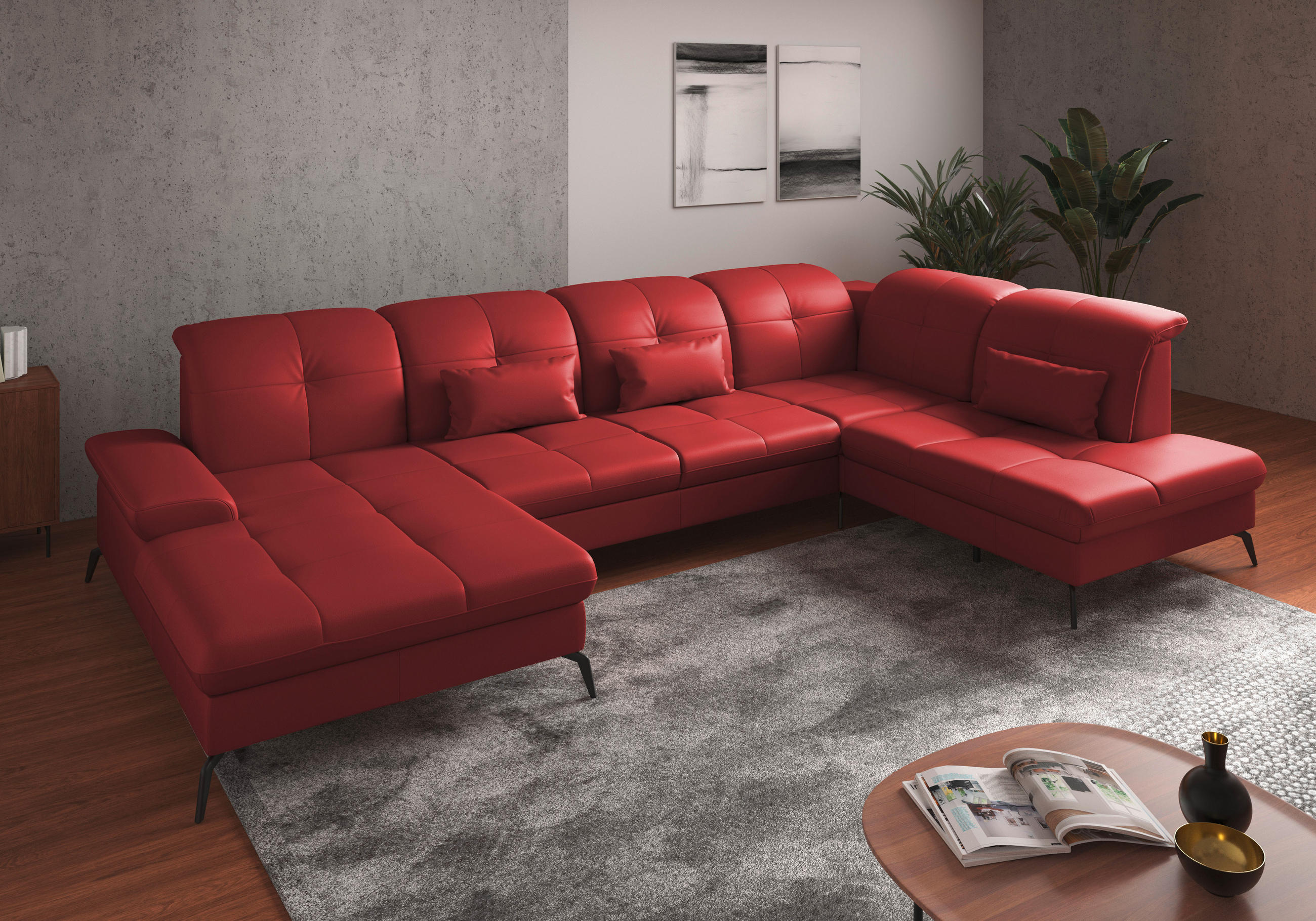 WOHNLANDSCHAFT in Echtleder Rot - Rot/Schwarz, Konventionell, Leder/Metall (185/357/231cm) - Sit & More