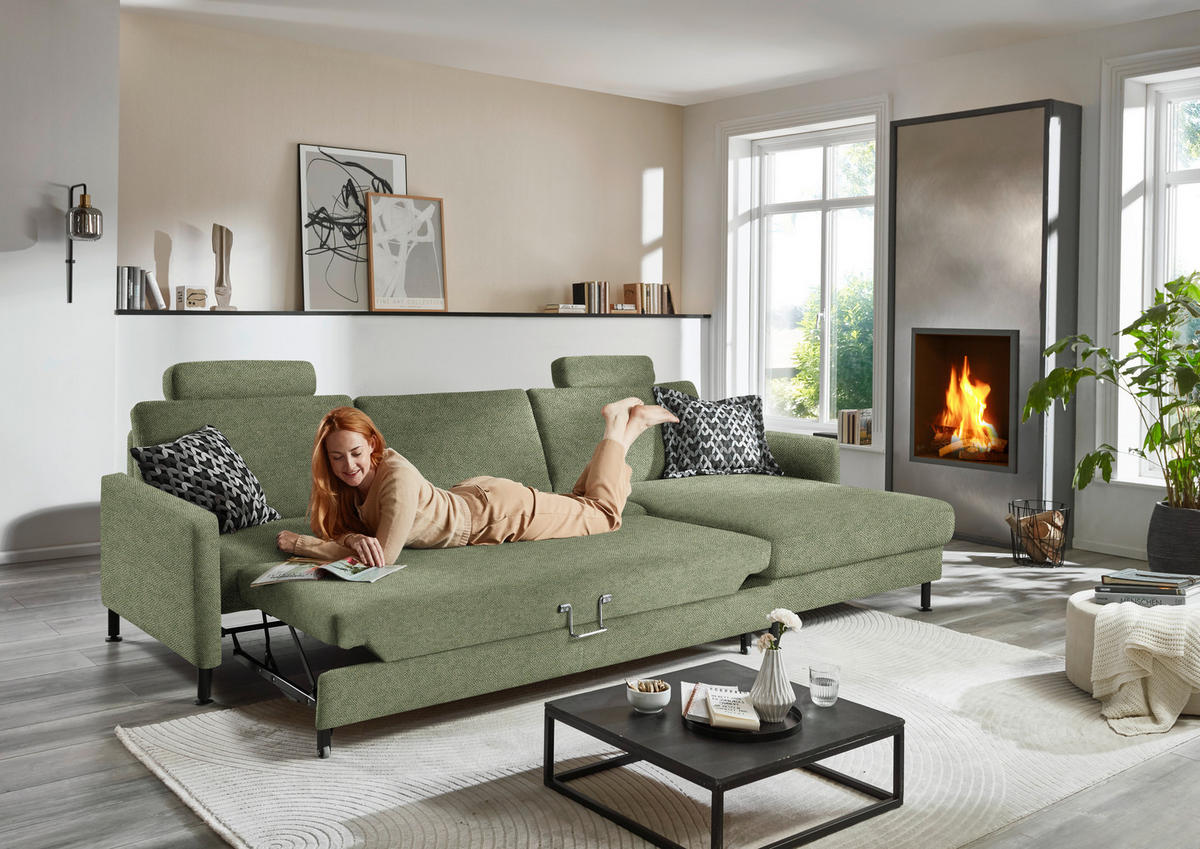 ECKSOFA  in Chenille, Flachgewebe Olivgrün  316/175 cm  - Schwarz/Olivgrün, Design, Textil/Metall (316/175cm) - Dieter Knoll