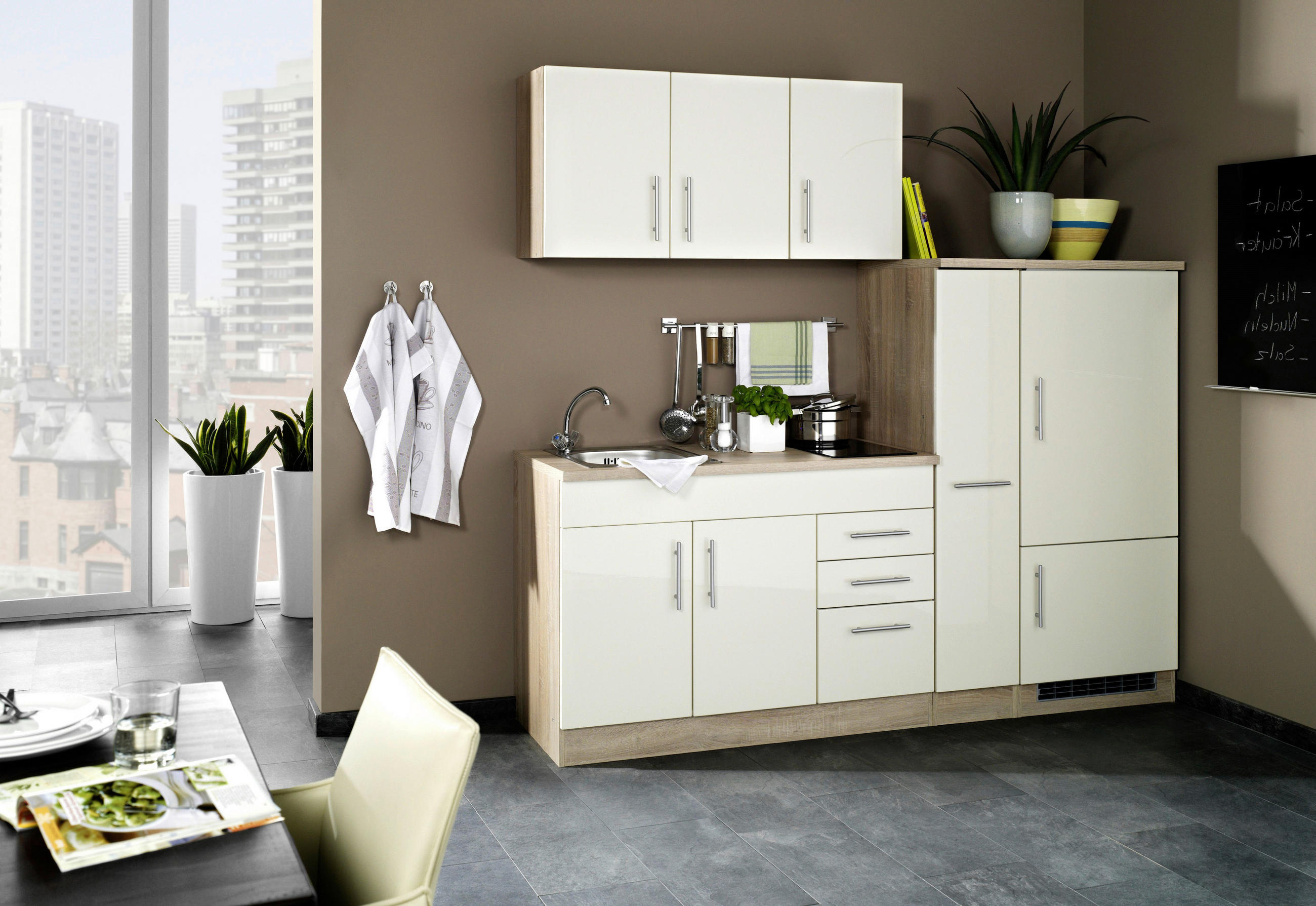 KÜCHENBLOCK 210 cm   in Creme  - Chromfarben/Eichefarben, Modern, Holzwerkstoff/Metall (210cm) - Held