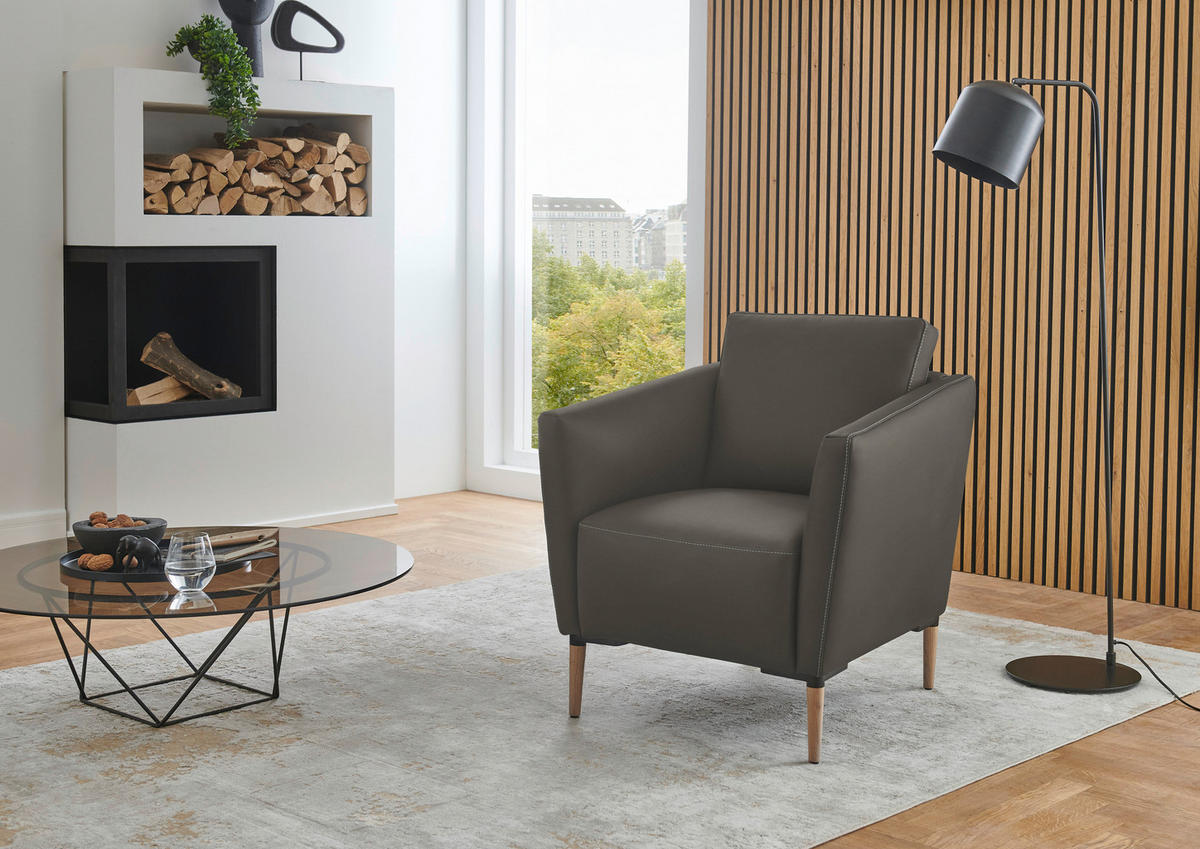 SESSEL in Echtleder Dunkelgrau  - Eichefarben/Dunkelgrau, Natur, Leder/Holz (75/84/76cm) - Valnatura