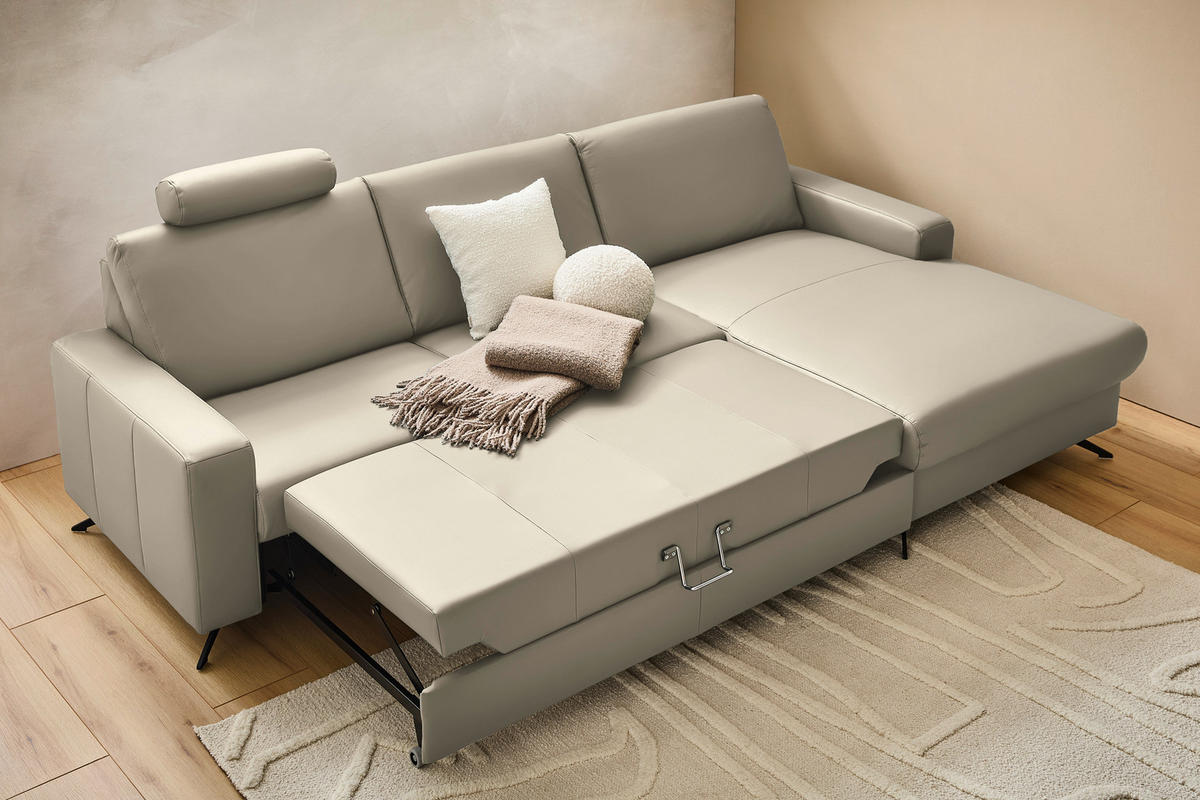 ECKSOFA in Echtleder Ecru  - Ecru/Schwarz, Design, Leder/Metall (267/165cm) - Lomoco