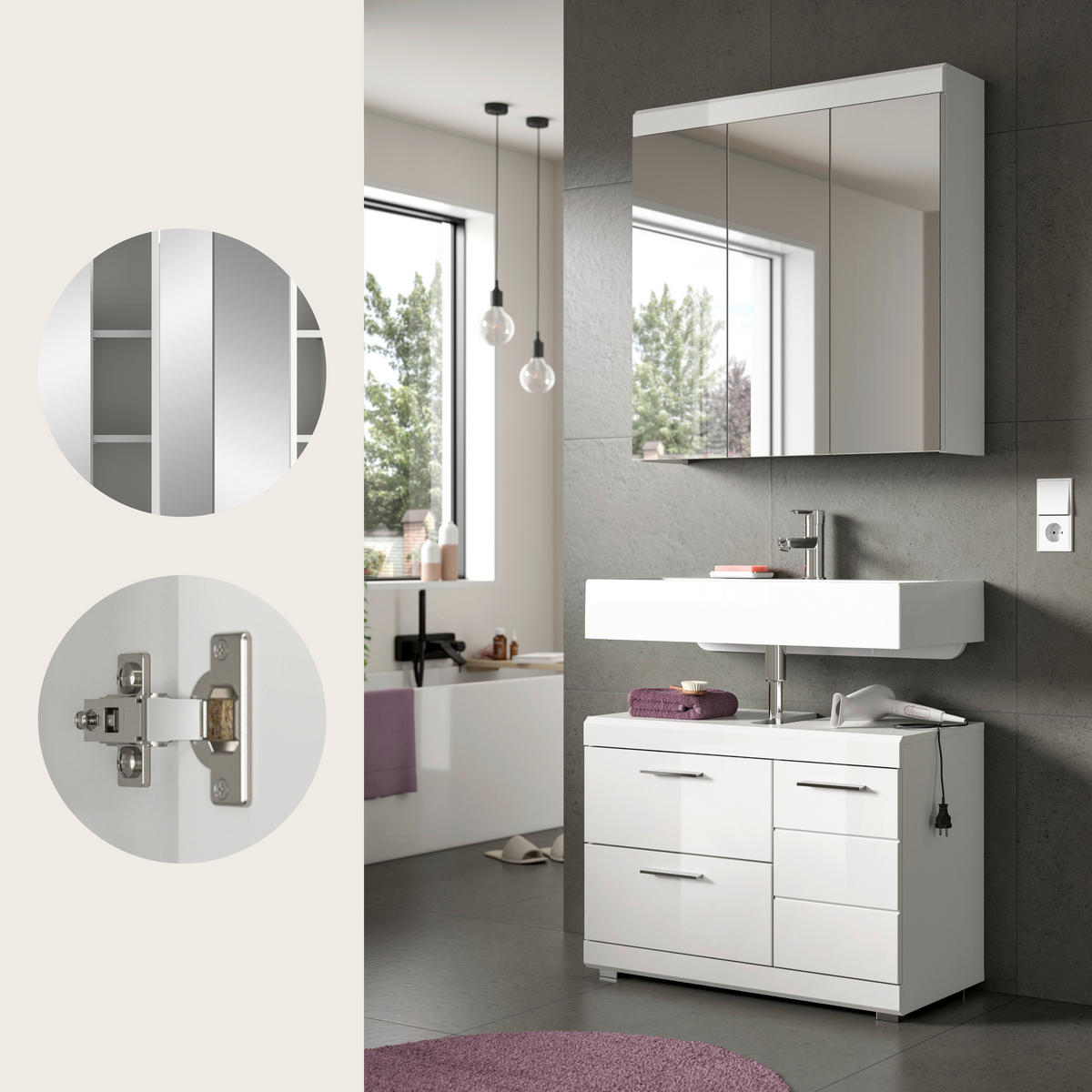 BADEZIMMER 2-teilig  in 80 cm  - Weiß Hochglanz/Silberfarben, Trend, Glas/Holzwerkstoff (80cm) - MID.YOU