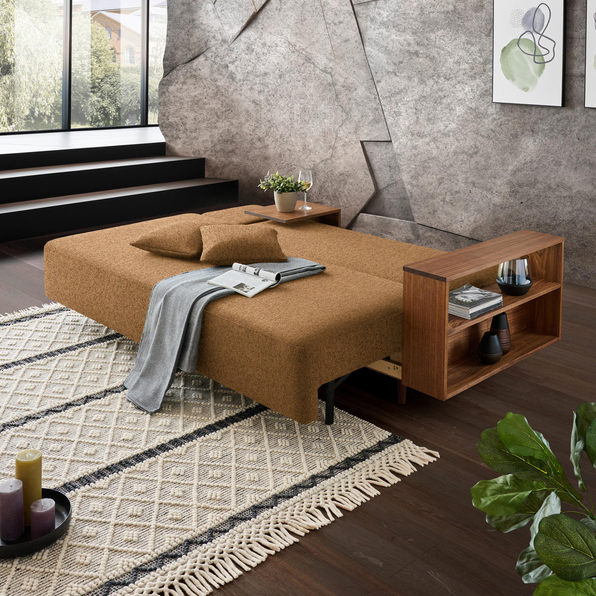 SCHLAFSOFA in Textil Currygelb  - Currygelb/Nussbaumfarben, Natur, Holz/Textil (228/90/100cm) - Joka