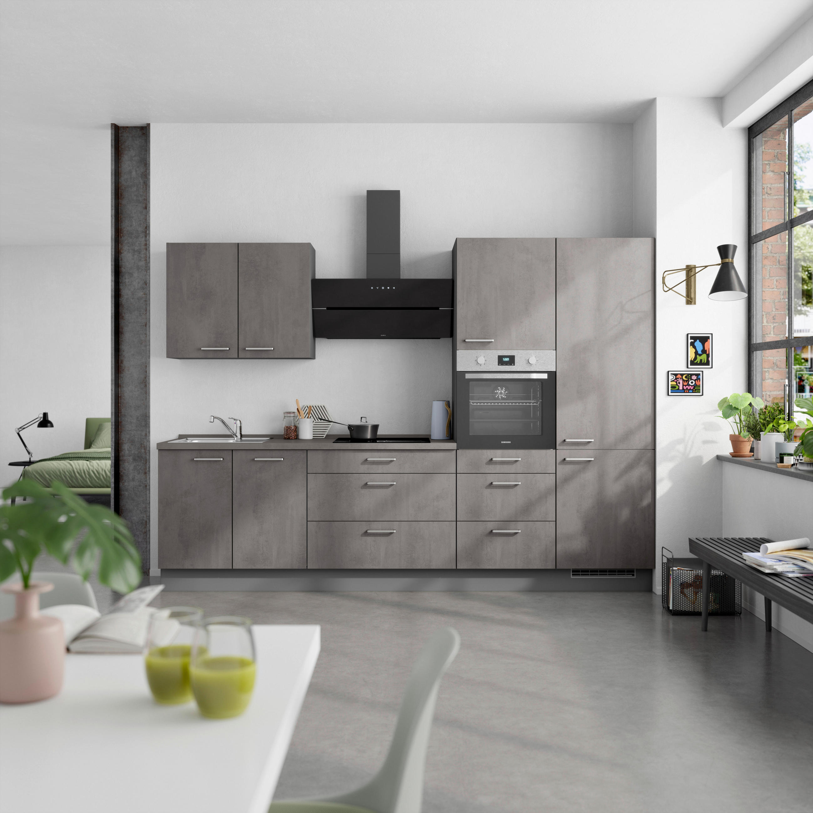 KÜCHENBLOCK Riva 300 cm  in Schieferfarben  - Schieferfarben/Edelstahlfarben, MODERN, Holzwerkstoff/Metall (300cm) - Nobilia