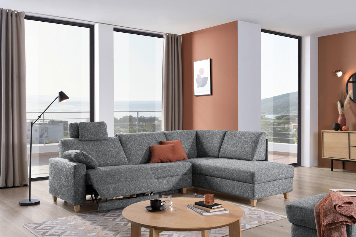 ECKSOFA  in Mikrovelours Grau  261/203 cm  - Eichefarben/Grau, KONVENTIONELL, Holz/Textil (261/203cm) - Sedda