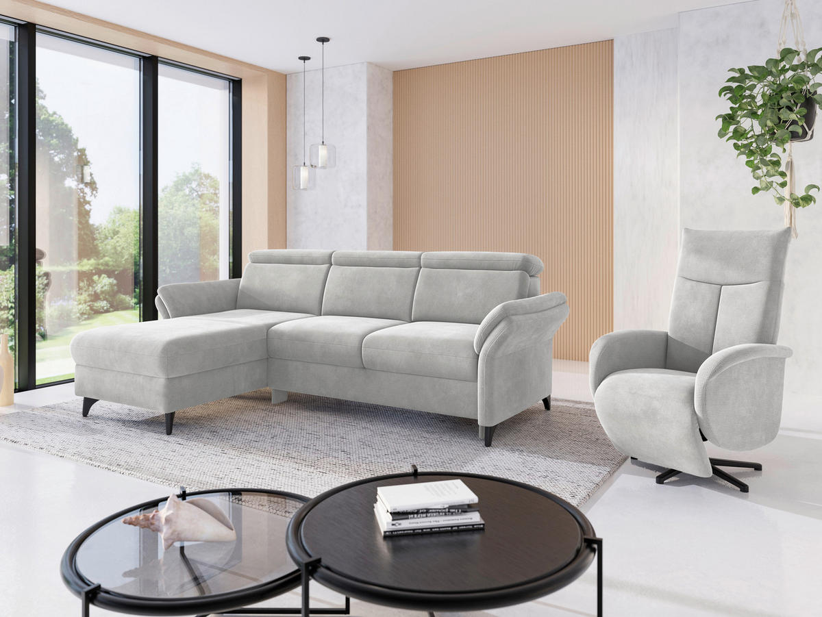 ECKSOFA Flachgewebe Silberfarben  - Silberfarben/Schwarz, Konventionell, Textil/Metall (166/253cm) - Sit & More