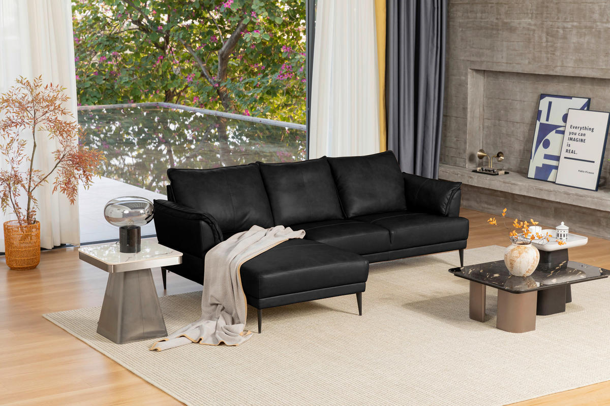 KOTNA SEDEŽNA GARNITURA, pravo usnje črna  - črna, Design, kovina/tekstil (153/233cm) - Livetastic