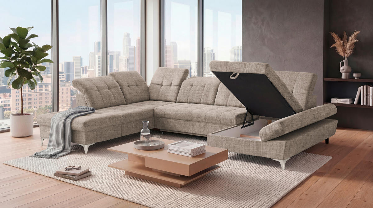 WOHNLANDSCHAFT Mikrovelours Beige  - Kaschmir/Beige, Modern, Kunststoff/Textil (245/348/168cm) - MID.YOU