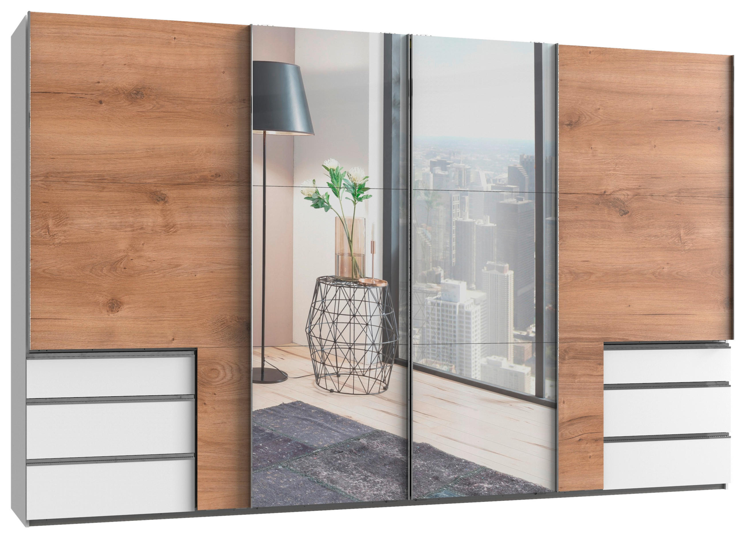 Schwebetürenschrank Mit Spiegel 350cm Level, Eiche/weiß