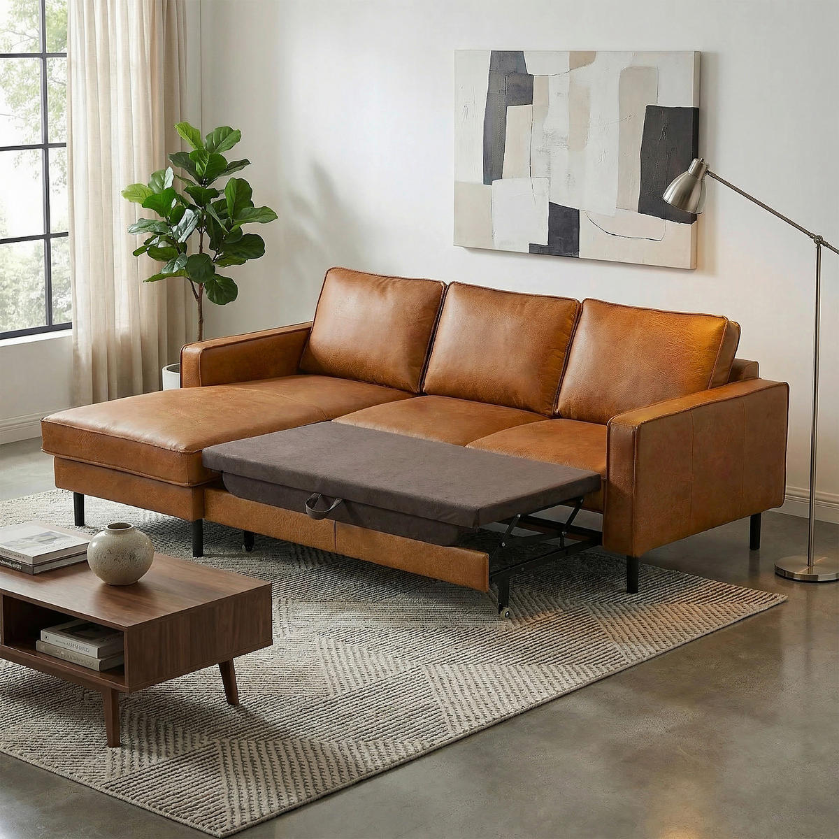 ECKSOFA  in Echtleder Cognac  - Cognac/Schwarz, Design, Leder/Metall (166/238cm) - Livetastic