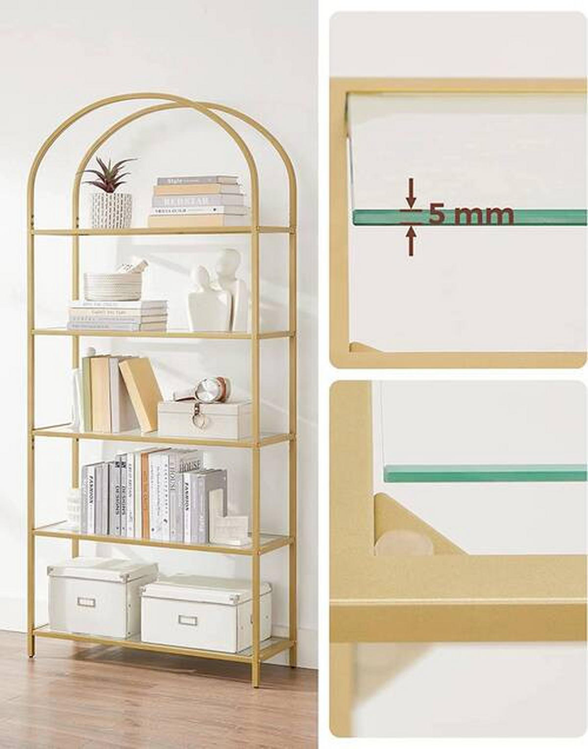 BÜCHERWAND Goldfarben  - Goldfarben, Basics, Glas/Metall (83/183,5/30,2cm) - Boxxx