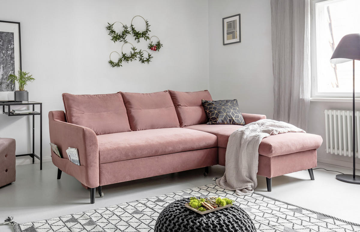 ECKSCHLAFSOFA Stylish Stan Velours Altrosa  inkl. Rückenkissen, Bettkasten, Schlaffunktion  - Schwarz/Altrosa, Basics, Holz/Textil (230/150cm) - MID.YOU