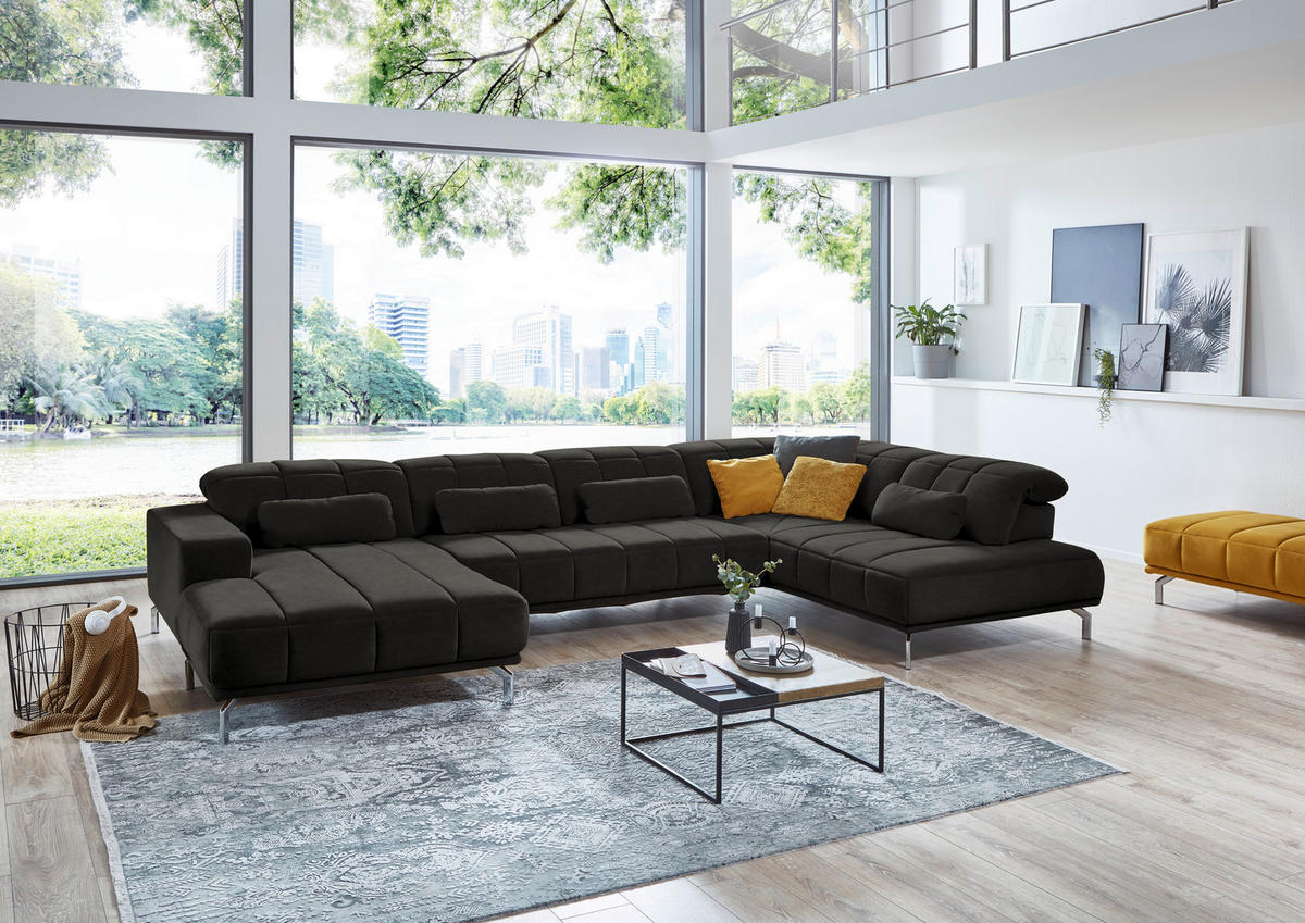 WOHNLANDSCHAFT in Velours Grau  - Schwarz/Grau, Design, Textil/Metall (195/383/219cm) - Beldomo Style