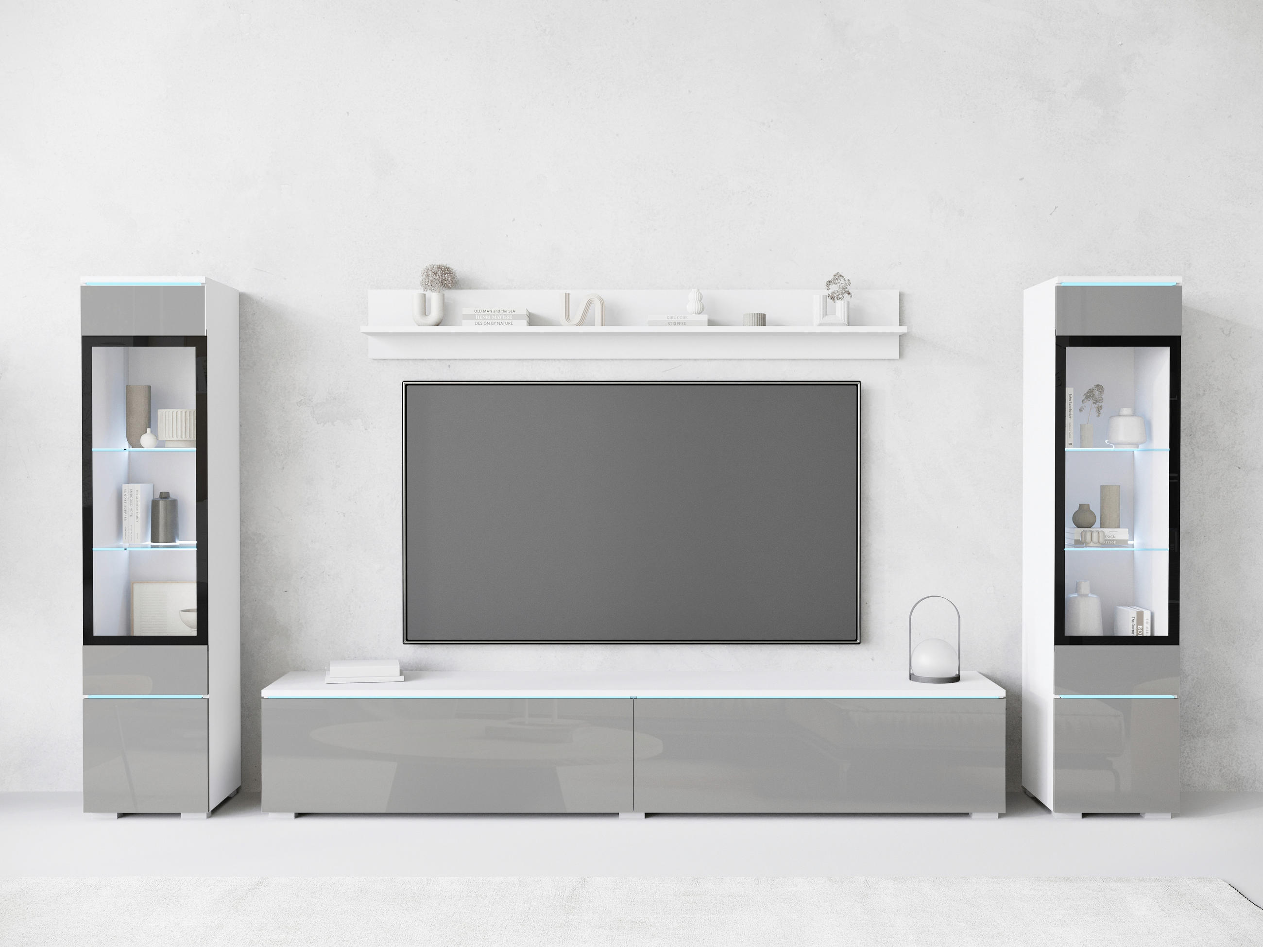 WOHNWAND 4-teilig  in Weiss, Grau Hochglanz  - Weiss/Grau Hochglanz, Trend, Glas/Holzwerkstoff (240/130/33cm) - P & B