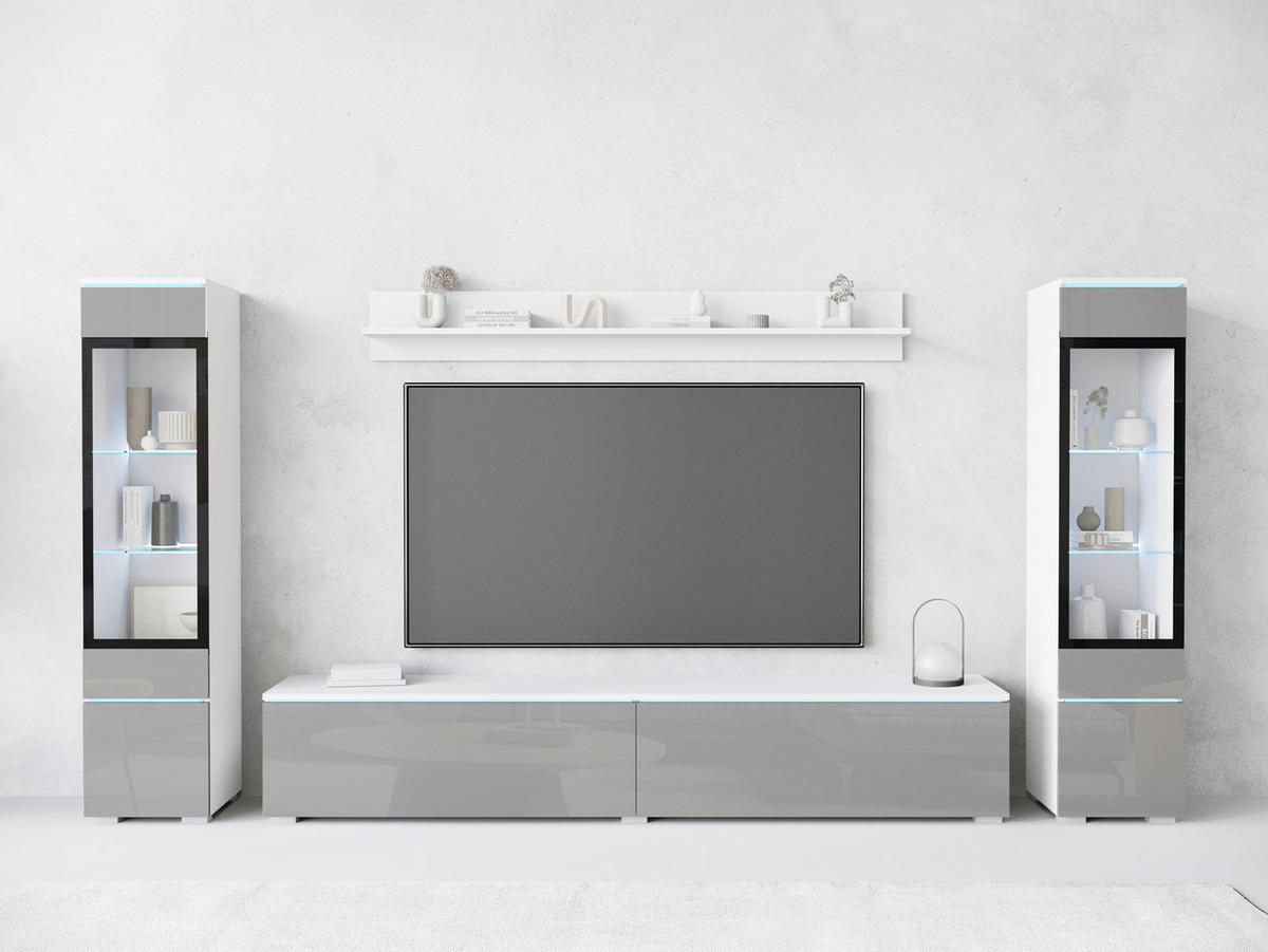 WOHNWAND 4-teilig  in Weiss, Grau Hochglanz  - Weiss/Grau Hochglanz, Trend, Glas/Holzwerkstoff (240/130/33cm) - P & B