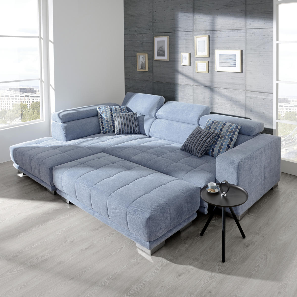 ECKSOFA Hellblau Mikrofaser  - Chromfarben/Hellblau, Design, Textil/Metall (207/301cm) - Xora