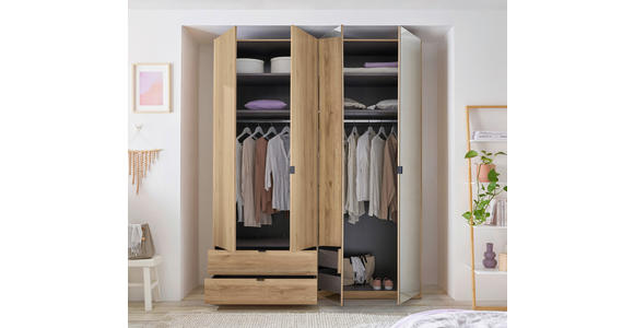 DREHTÜRENSCHRANK 180/225,5/57 cm 4-türig Eichefarben - Eichefarben/Schwarz, KONVENTIONELL, Glas/Holzwerkstoff (180/225,5/57cm) - Xora