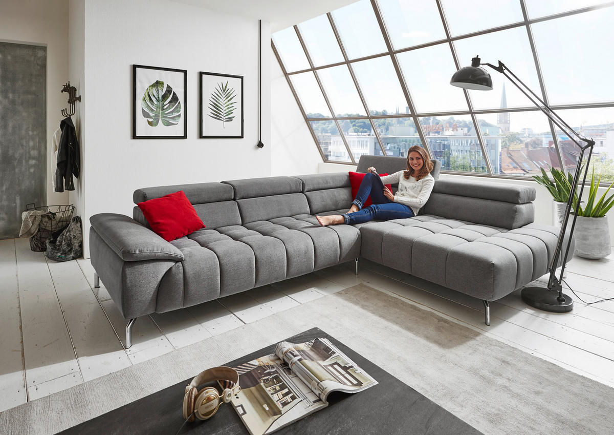 ECKSOFA Grau Chenille  - Chromfarben/Grau, Design, Textil/Metall (323/222cm) - Beldomo Style