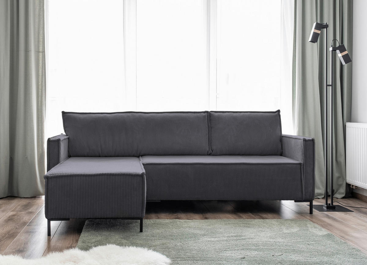 ECKSOFA in Cord Grau  - Schwarz/Grau, Design, Textil/Metall (232/90/154cm) - MID.YOU