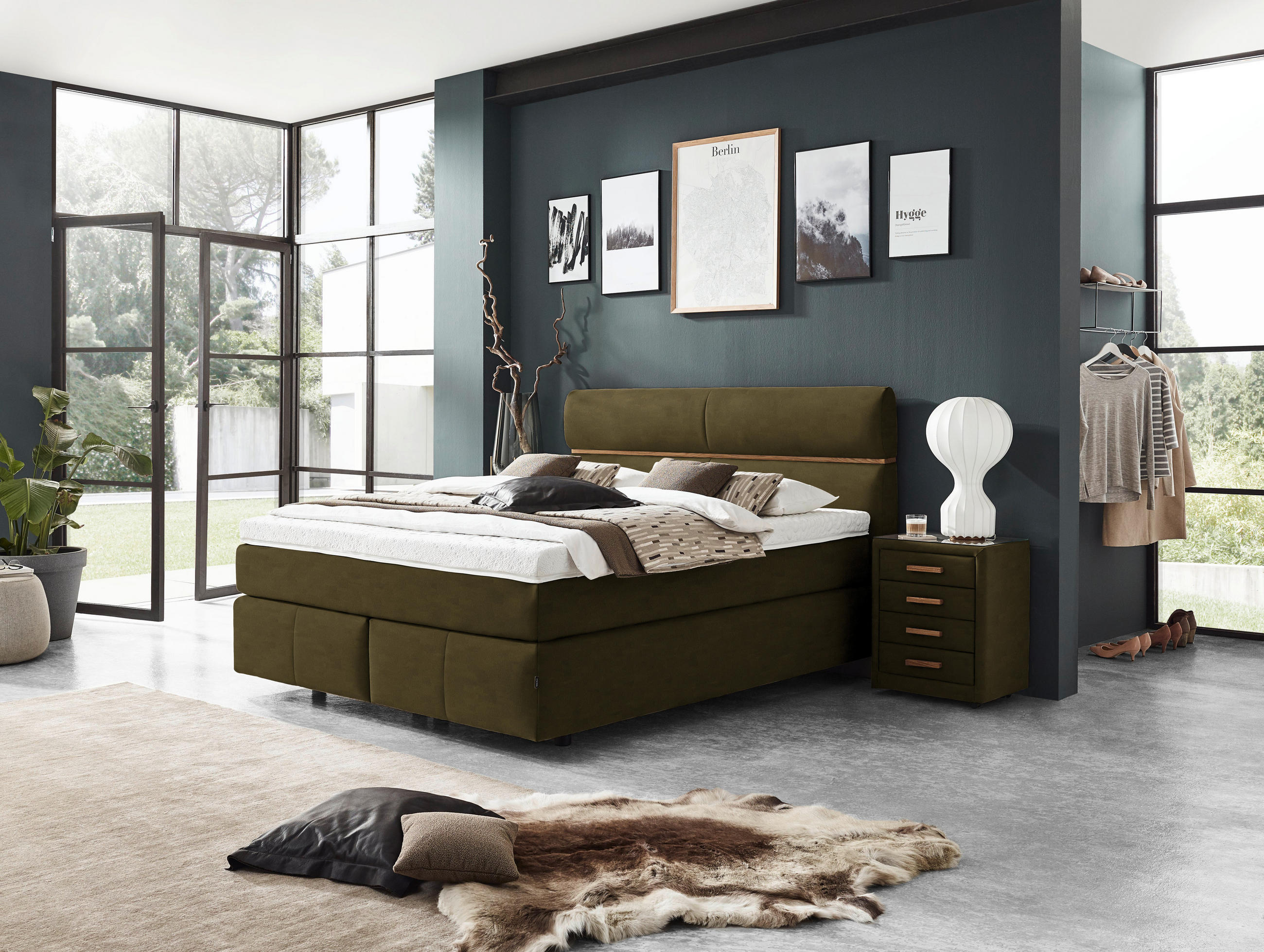 BOXSPRINGBETT 180/200 cm  in Eichefarben, Olivgrün  - Eichefarben/Schwarz, KONVENTIONELL, Holz/Kunststoff (180/200cm) - Dieter Knoll