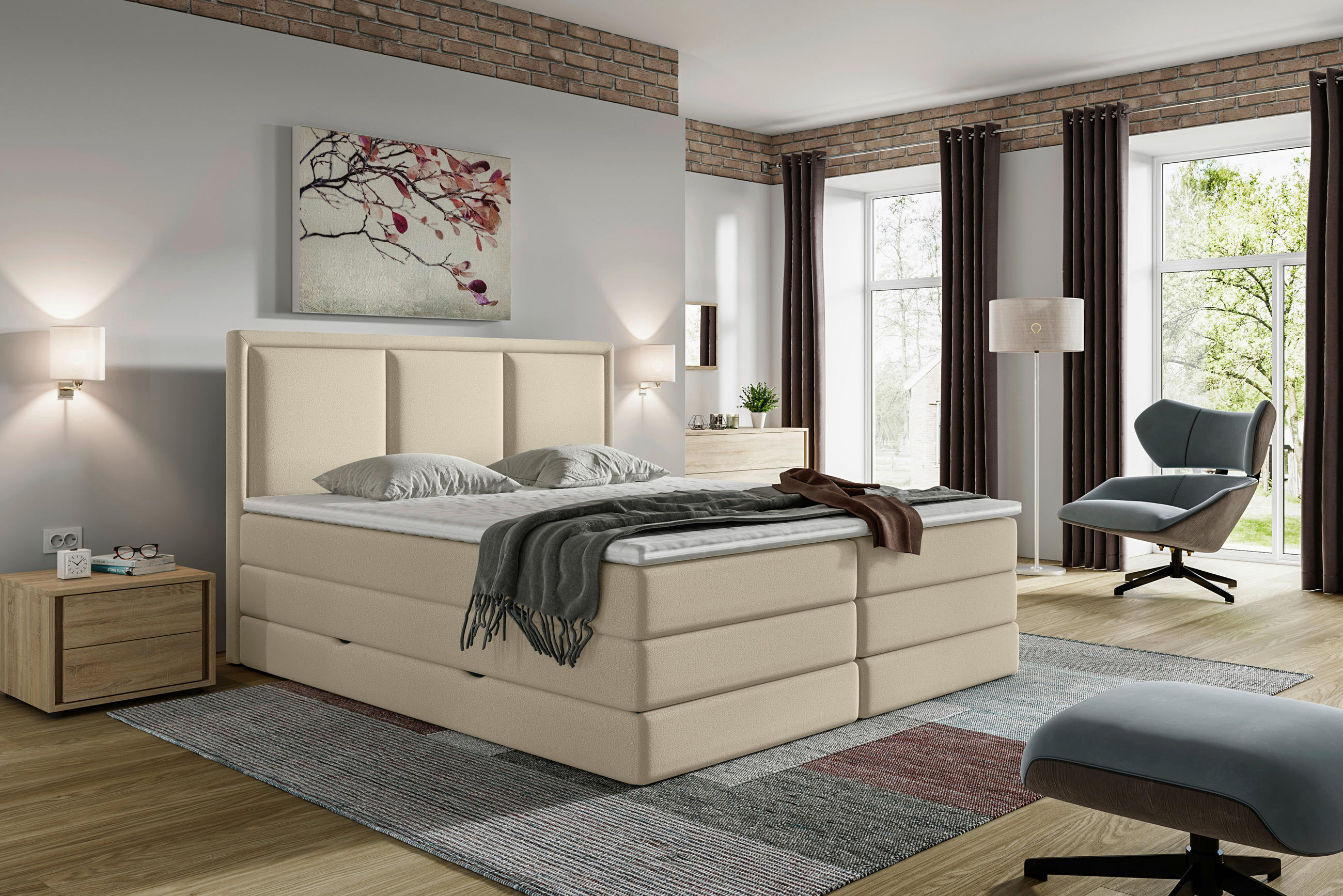 Thumbnail - Mid.you Boxspringbett, Beige, Textil, H3 + H4, 7-Zonen, Höhe ca. 18 cm, 200x200 cm, Bettkasten, gepolstertes Kopfteil, T...