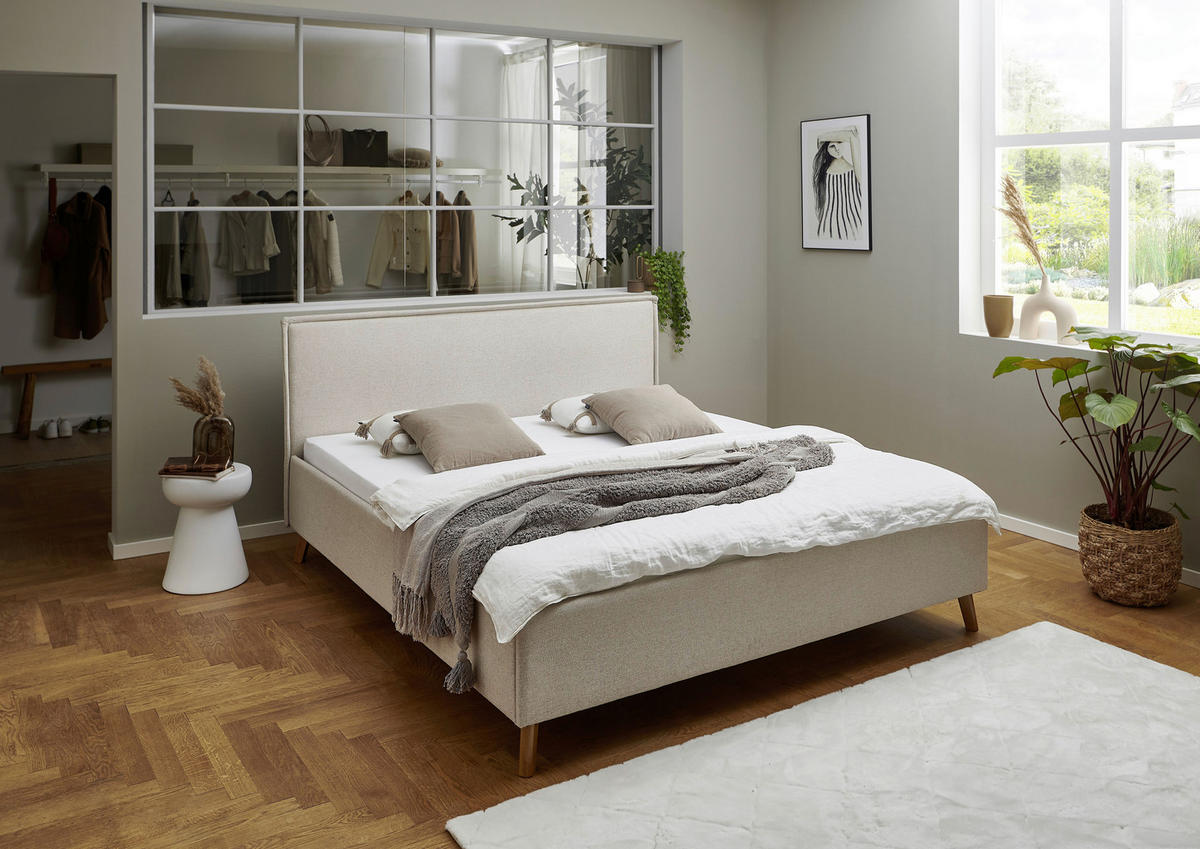 POLSTERBETT 180/200 cm,  in Beige,  - Eichefarben/Beige, Basics, Holz/Textil (180/200cm) - Boxxx