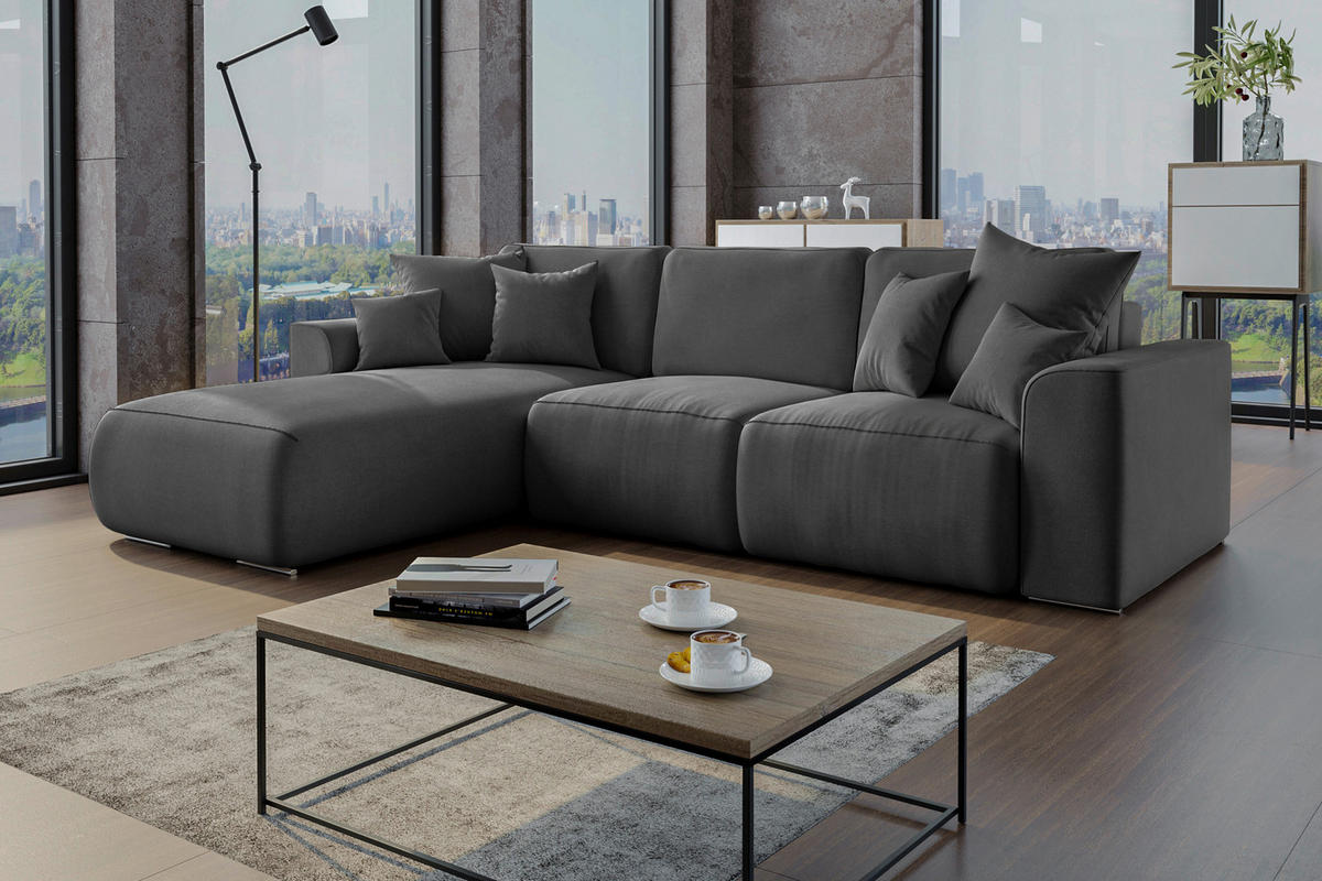 ECKSOFA Dunkelgrau Velours Zierkissen, Rückenkissen, Bettkasten, Schlaffunktion, Rücken echt, Liegefläche im Originalstoff  - Chromfarben/Dunkelgrau, KONVENTIONELL, Kunststoff/Textil (195/293cm) - Carryhome