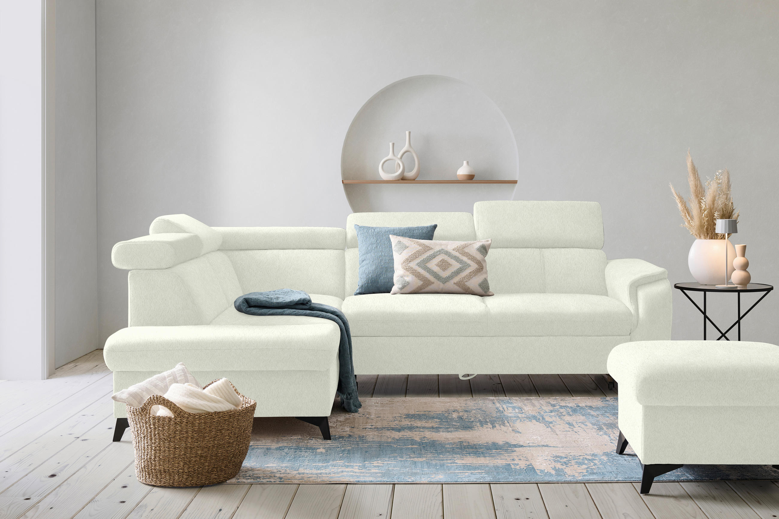 ECKSOFA in Teddystoff Weiss  - Weiss/Schwarz, Design, Textil/Metall (203/260cm) - Stylife