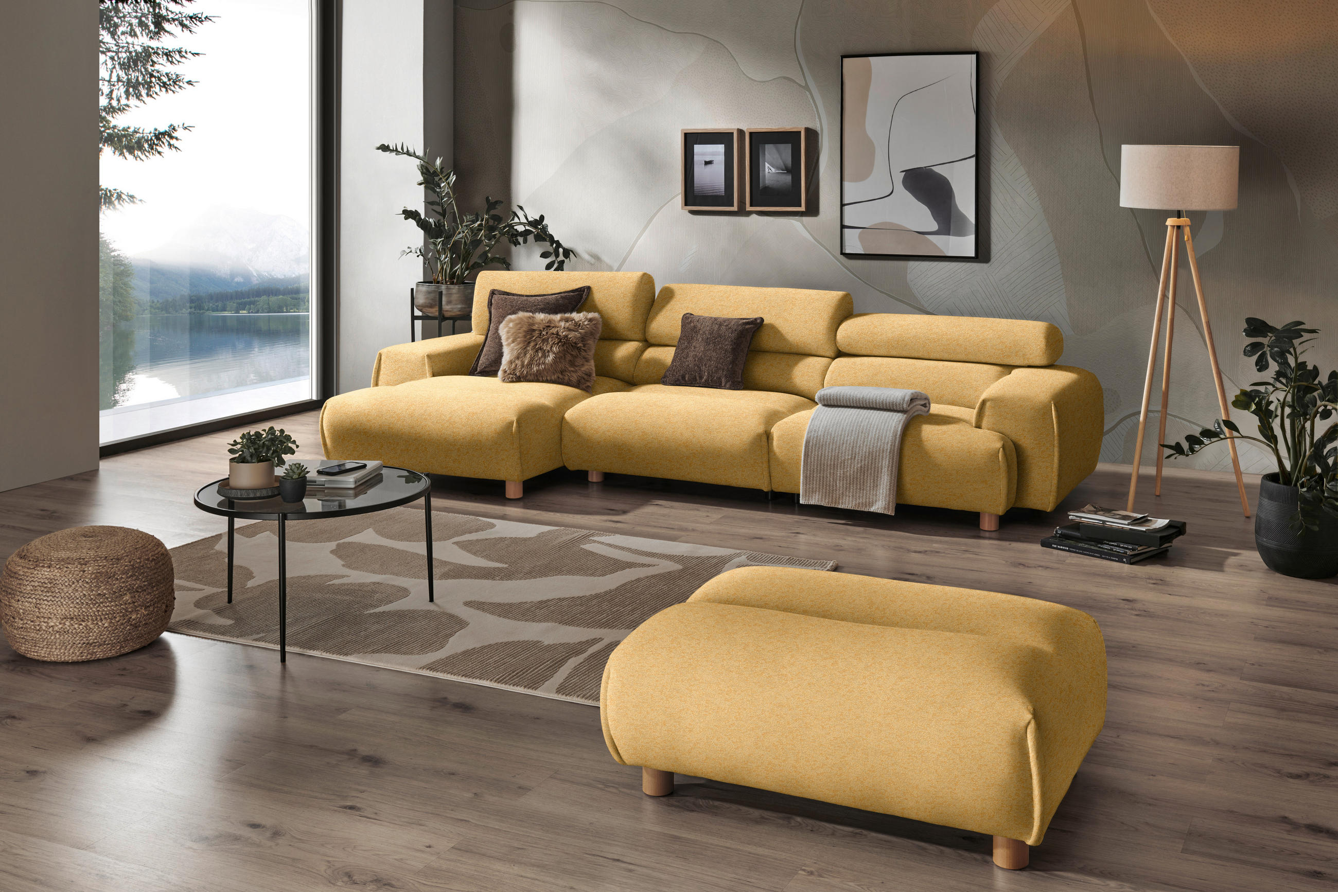 ECKSOFA in Velours Currygelb  - Currygelb, Natur, Holz/Textil (150/329cm) - Lomoco