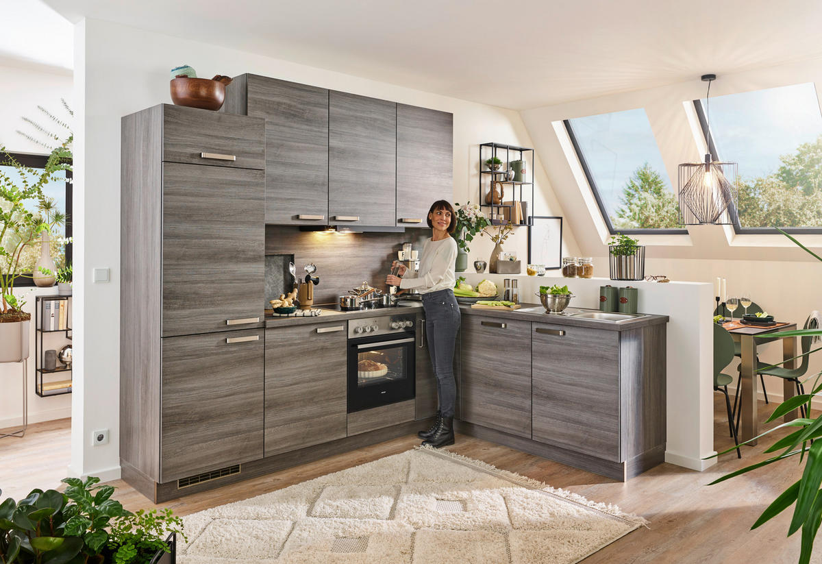 ECKKÜCHE 260/200 cm  in Eichefarben  - Edelstahlfarben/Eichefarben, Design, Holzwerkstoff/Metall (260/200cm) - Welnova