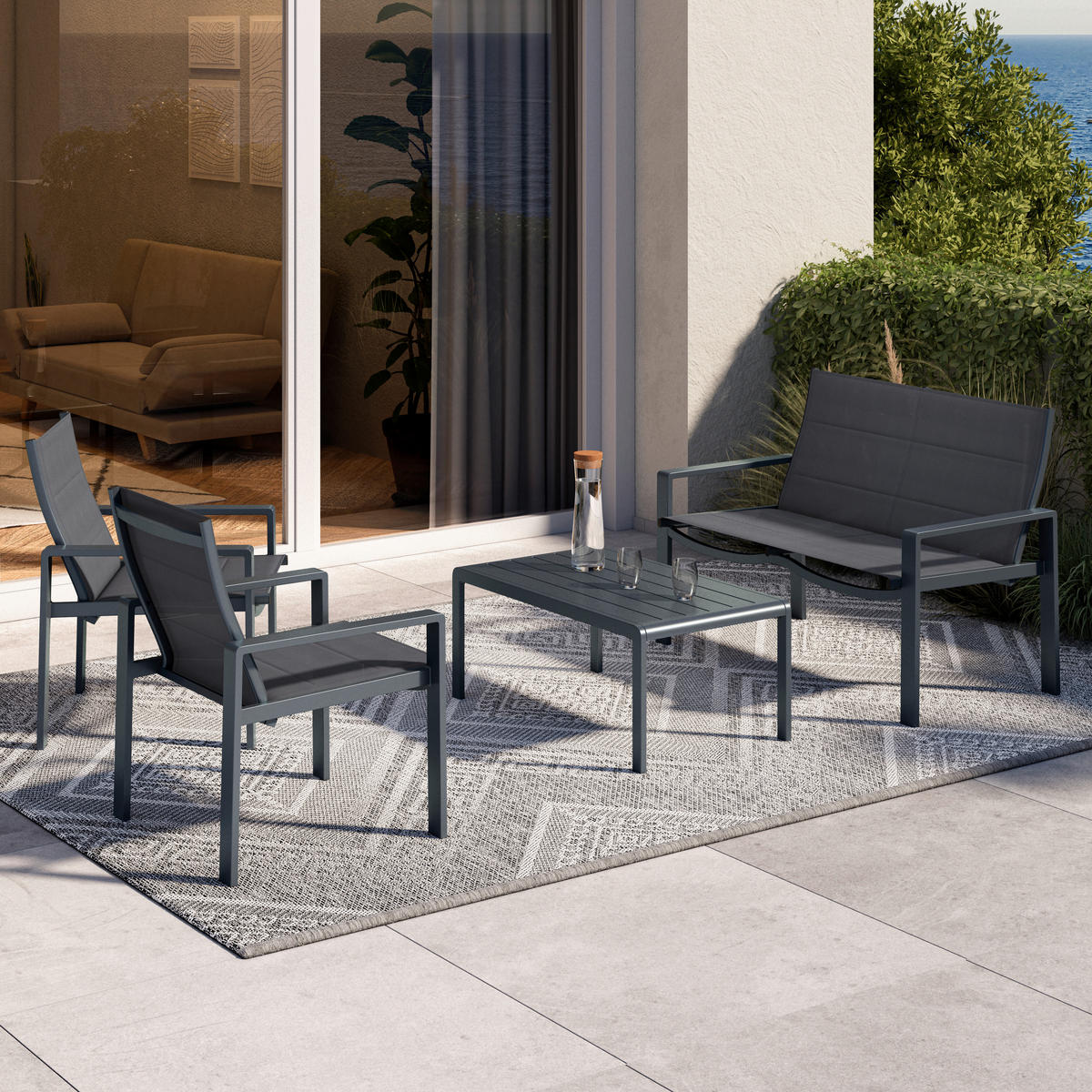LOUNGEGARNITUR 4-teilig   Aluminium  - Dunkelgrau, MODERN, Textil/Metall - Luca Bessoni