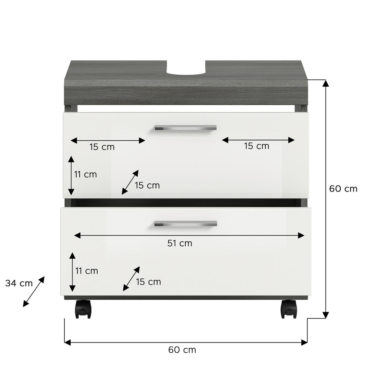 WASCHBECKENUNTERSCHRANK 60/60/34 cm  - Weiß Hochglanz/Silberfarben, Trend, Holzwerkstoff/Kunststoff (60/60/34cm) - MID.YOU