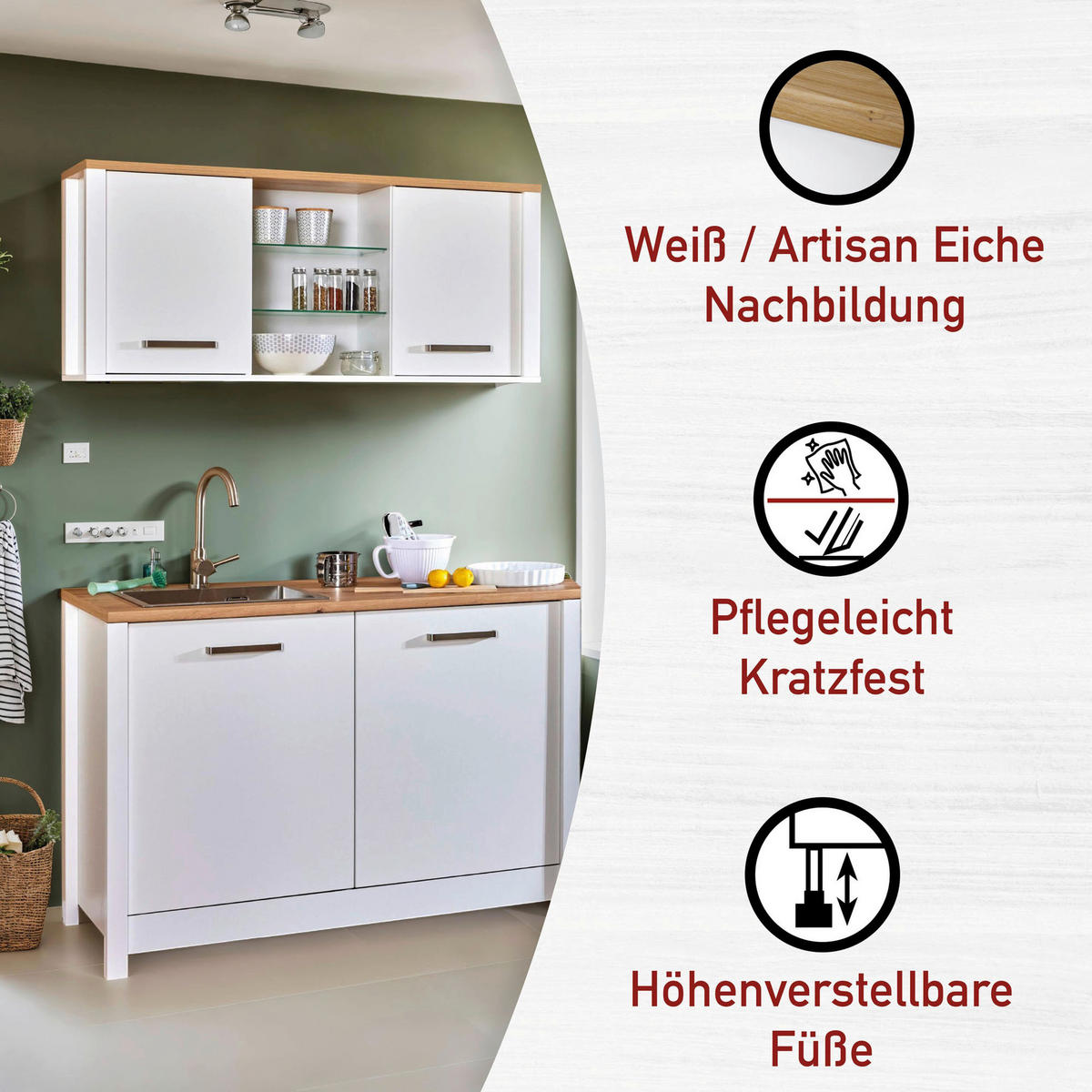 KÜCHENLEERBLOCK   in Weiß, Eiche Artisan  - Silberfarben/Weiß, MODERN, Glas/Holzwerkstoff (370/167/60cm) - home24
