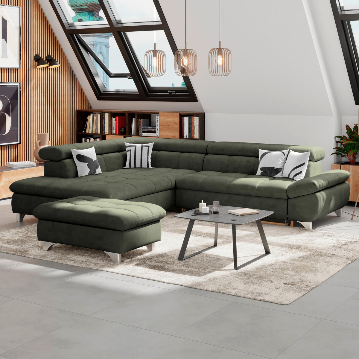 ECKSOFA Dunkelgrün Chenille  - Chromfarben/Dunkelgrün, KONVENTIONELL, Textil/Metall (234/312cm) - Livetastic