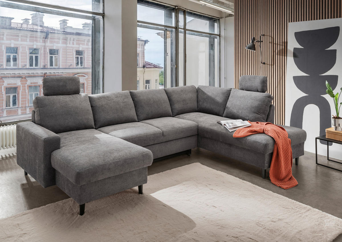 WOHNLANDSCHAFT Chenille Dunkelgrau  - Dunkelgrau/Schwarz, Modern, Holz/Textil (153/305/200cm) - Livetastic