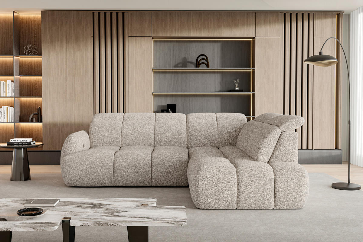 ECKSOFA Beige Webstoff Bettkasten, Schlaffunktion, Rücken echt, Kopfteilverstellung, Sitzvorzug  - Beige/Schwarz, Design, Kunststoff/Textil (275/230cm) - Welnova
