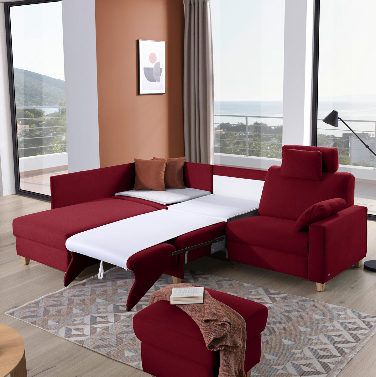 ECKSOFA in Flachgewebe Rot  203/261 cm  - Eichefarben/Rot, KONVENTIONELL, Holz/Textil (203/261cm) - Sedda