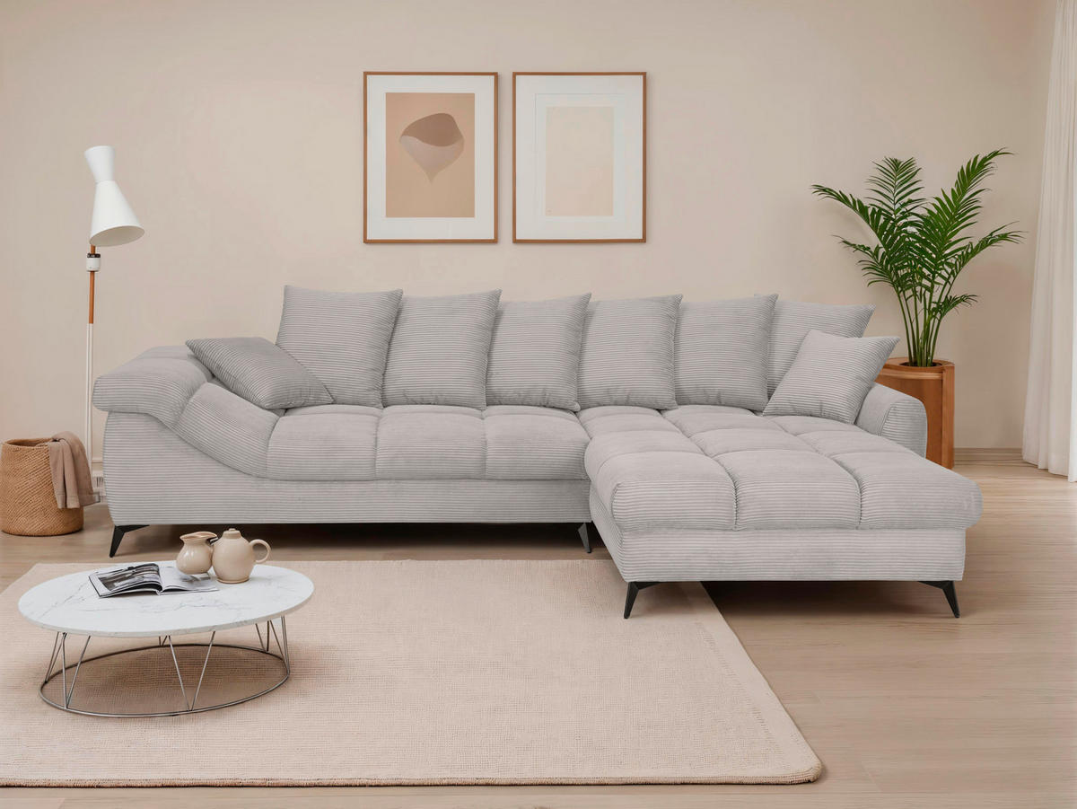 ECKSOFA Hellgrau Cord Rückenkissen, Armlehnenkissen, Rücken echt  - Hellgrau/Schwarz, KONVENTIONELL, Textil/Metall (332/231cm) - Carryhome