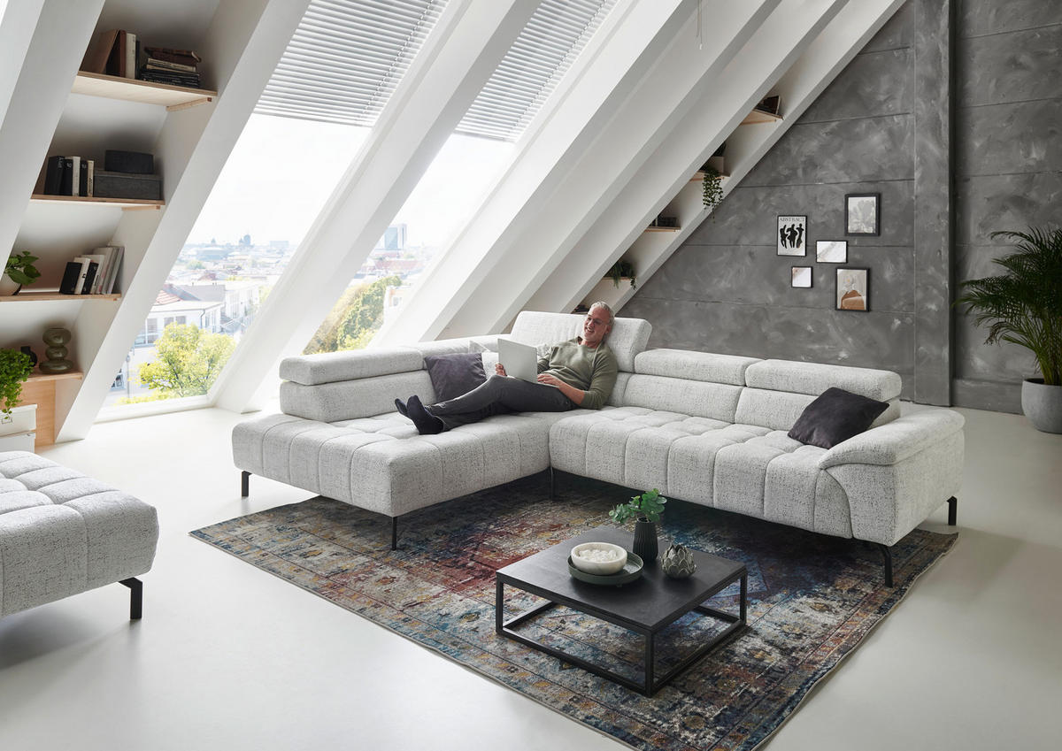 ECKSOFA in Chenille Grauweiss  - Schwarz/Grauweiss, Design, Textil/Metall (222/323cm) - Beldomo Style