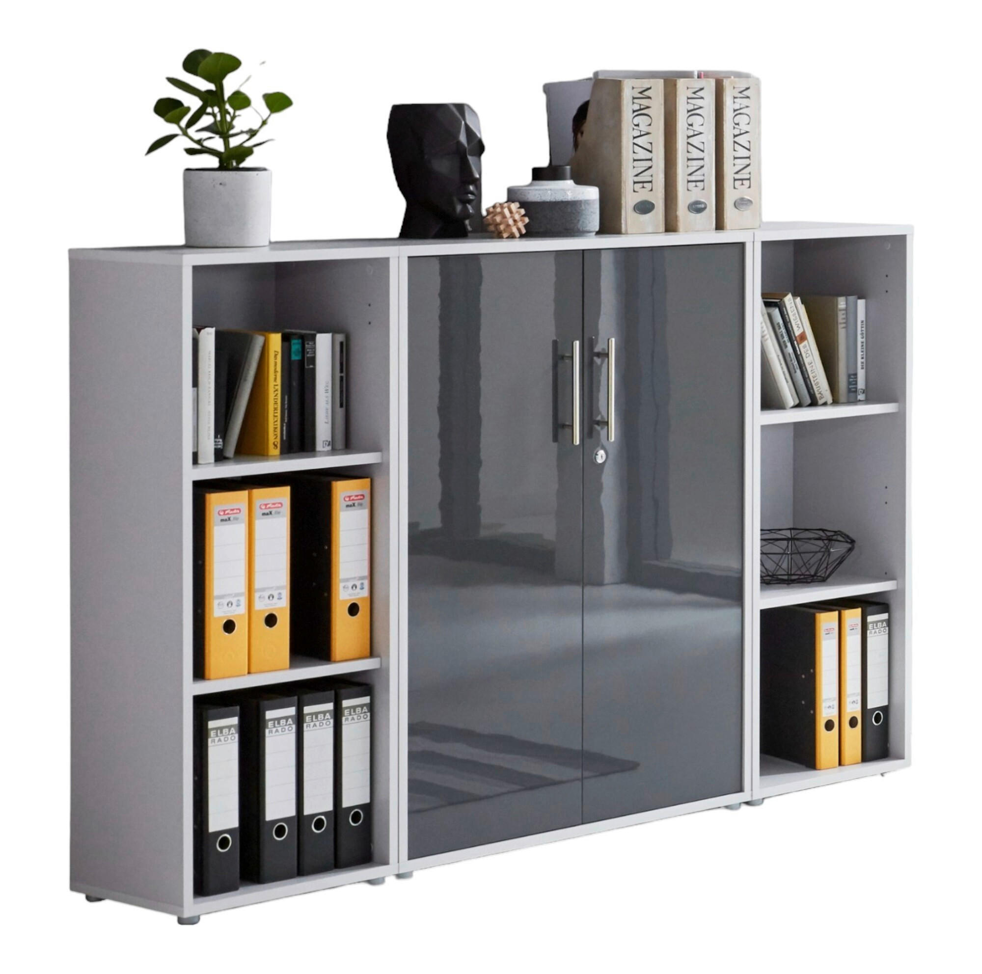 Mid.you Aktenschrank Office Edition - SW Set 2 niedrig Grau, Anthrazit Hochglanz 173x114x33 cm