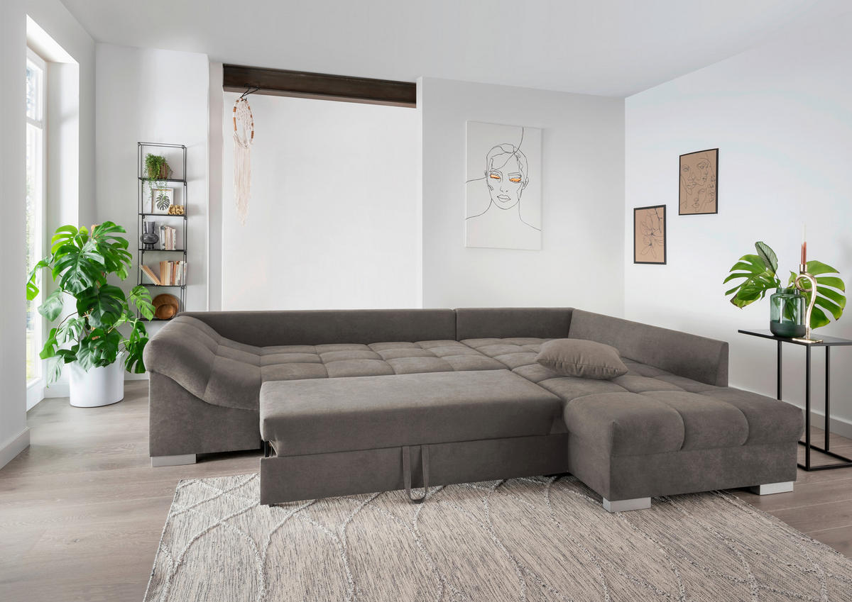 ECKSCHLAFSOFA in Mikrofaser Graubraun  - Graubraun/Silberfarben, Design, Holz/Textil (298/202cm) - MID.YOU