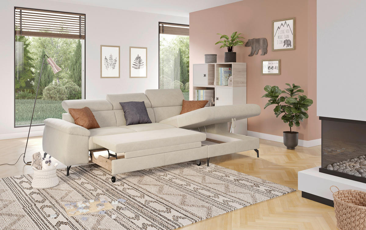 ECKSOFA in Webstoff Beige  - Beige/Schwarz, Design, Textil/Metall (244/166cm) - Livetastic