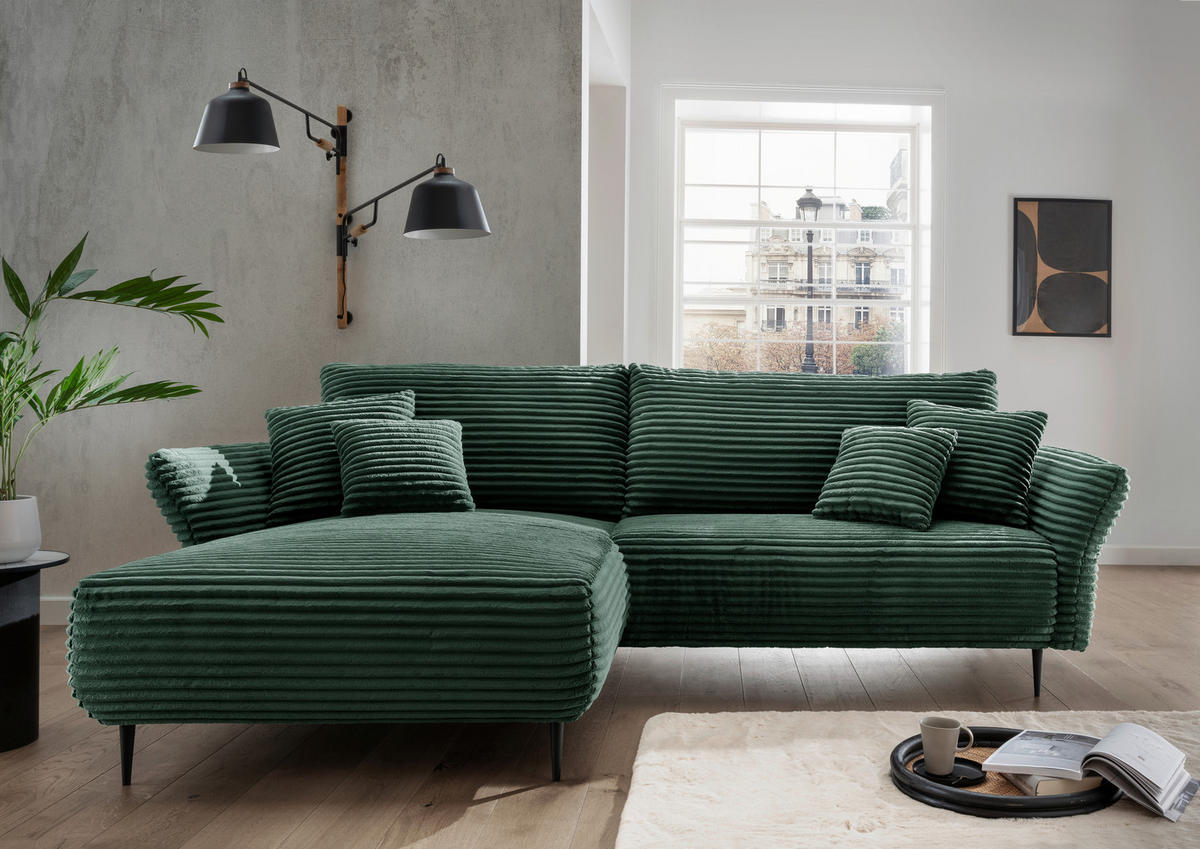 ECKSOFA Dunkelgrün Cord  - Dunkelgrün/Schwarz, Design, Textil/Metall (178/264-302cm) - Livetastic