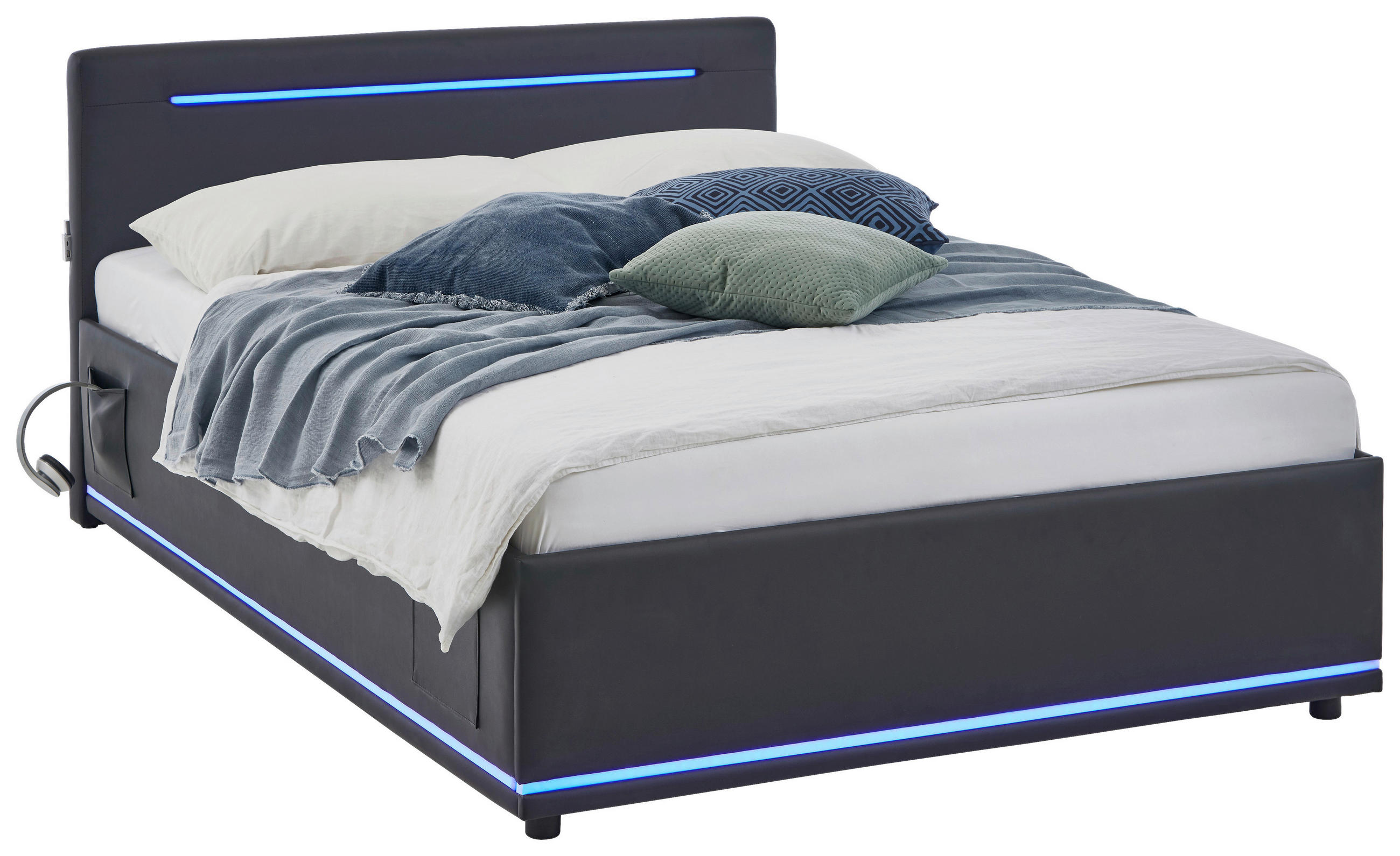 POLSTERBETT 140/200 cm,  in Schwarz, Beleuchtung,  - Schwarz, Design, Kunststoff/Textil (140/200cm) - Xora